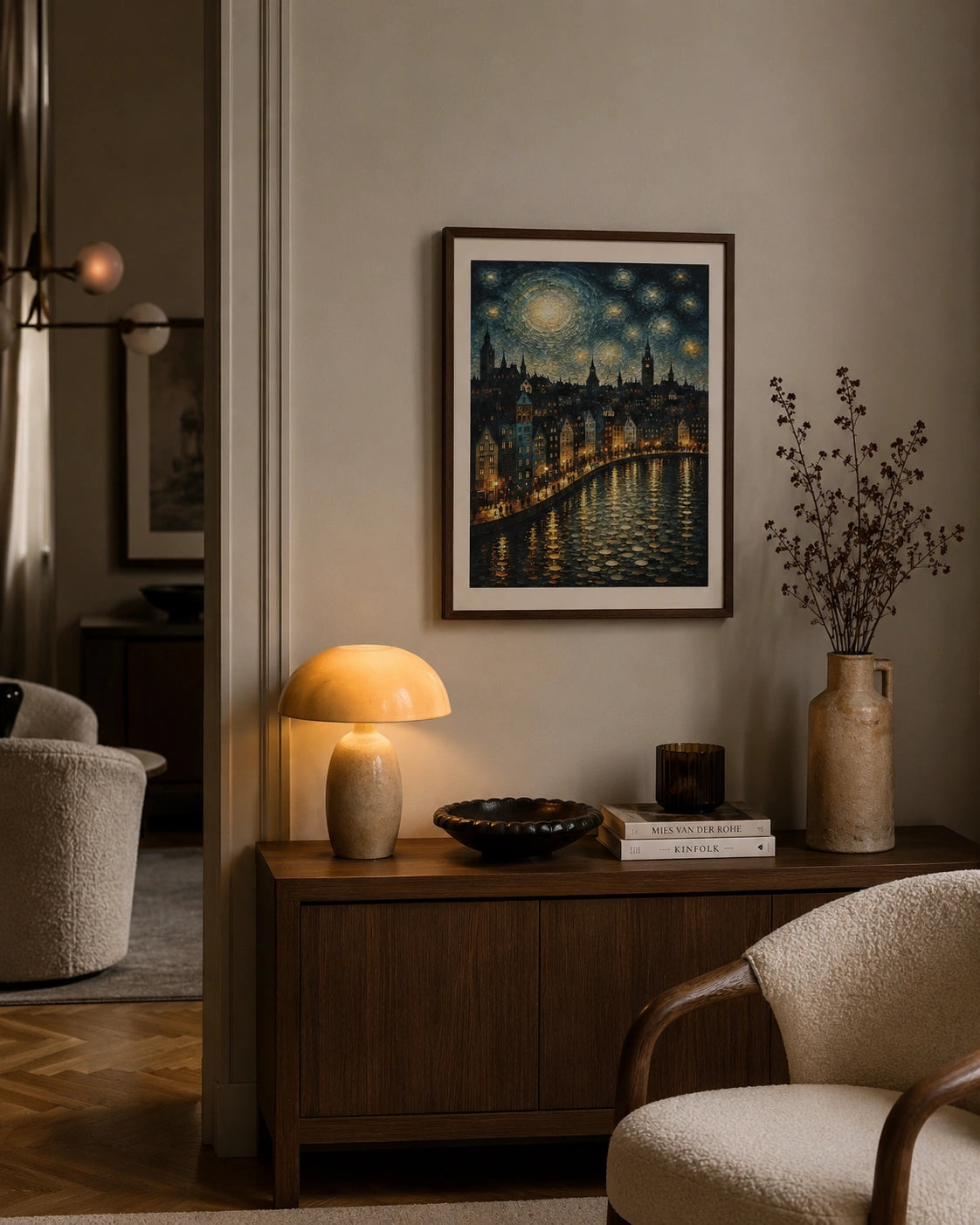 Moonlit Harbor Town Canvas Wall Art