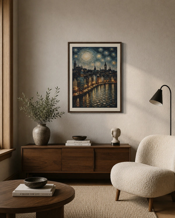 Moonlit Harbor Town Canvas Wall Art