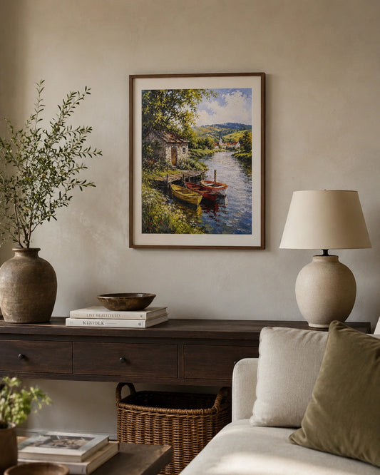 Riverside Village Boats Canvas Wall Art