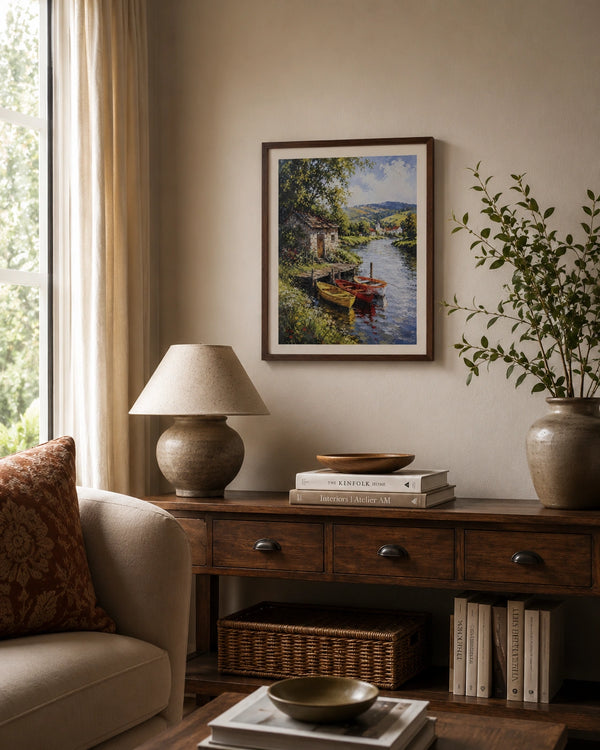 Riverside Village Boats Canvas Wall Art