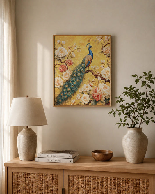 Golden Peacock Bloom Canvas Wall Art
