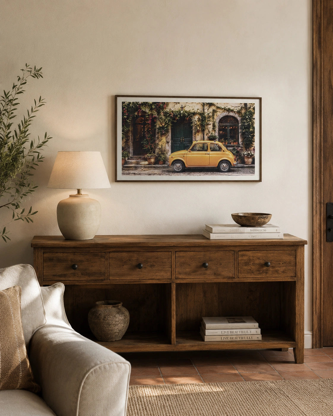 Yellow Car in Old Town Canvas Wall Art