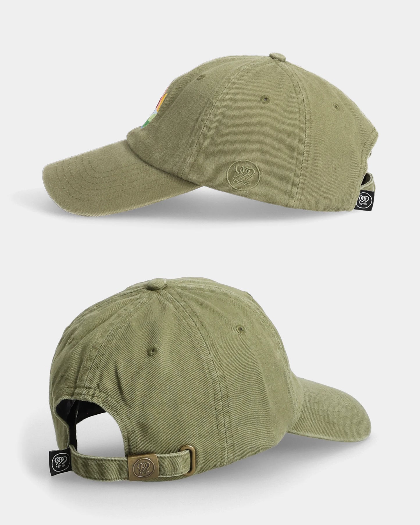 Mountains Olive Dad Cap side and back views with strap detail