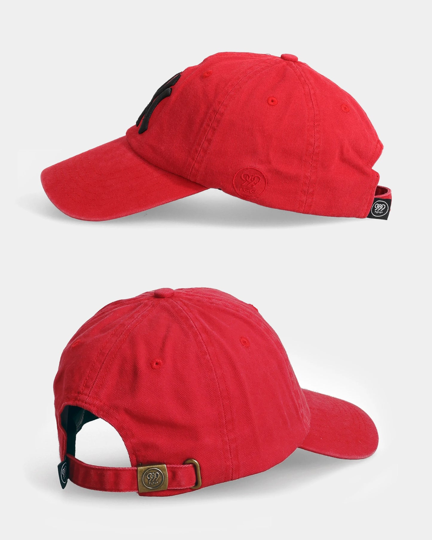Red NY#04 Dad Cap side and back views with strap detail