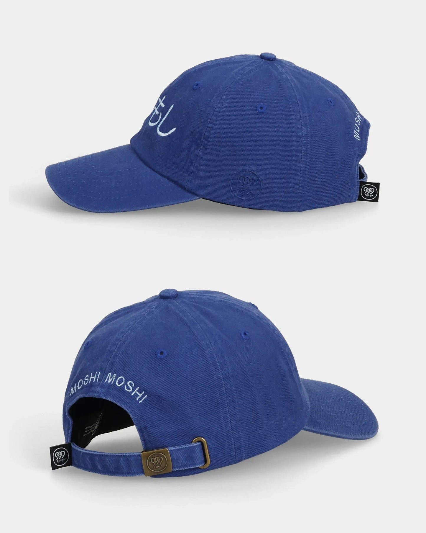 Blue Moshi Moshi Dad Cap side and back views with back text
