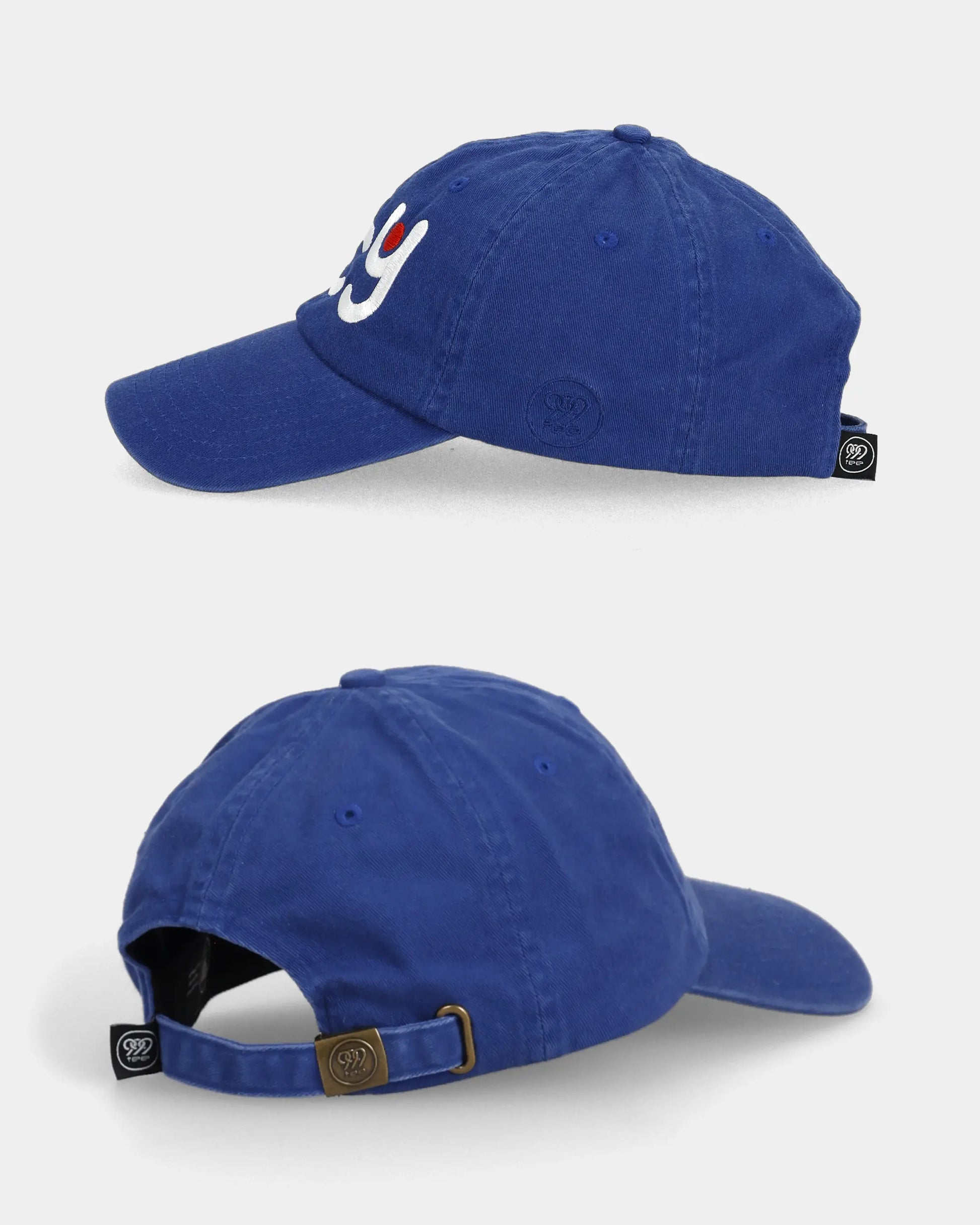 Blue Hey dad cap side and back views with adjustable strap detail