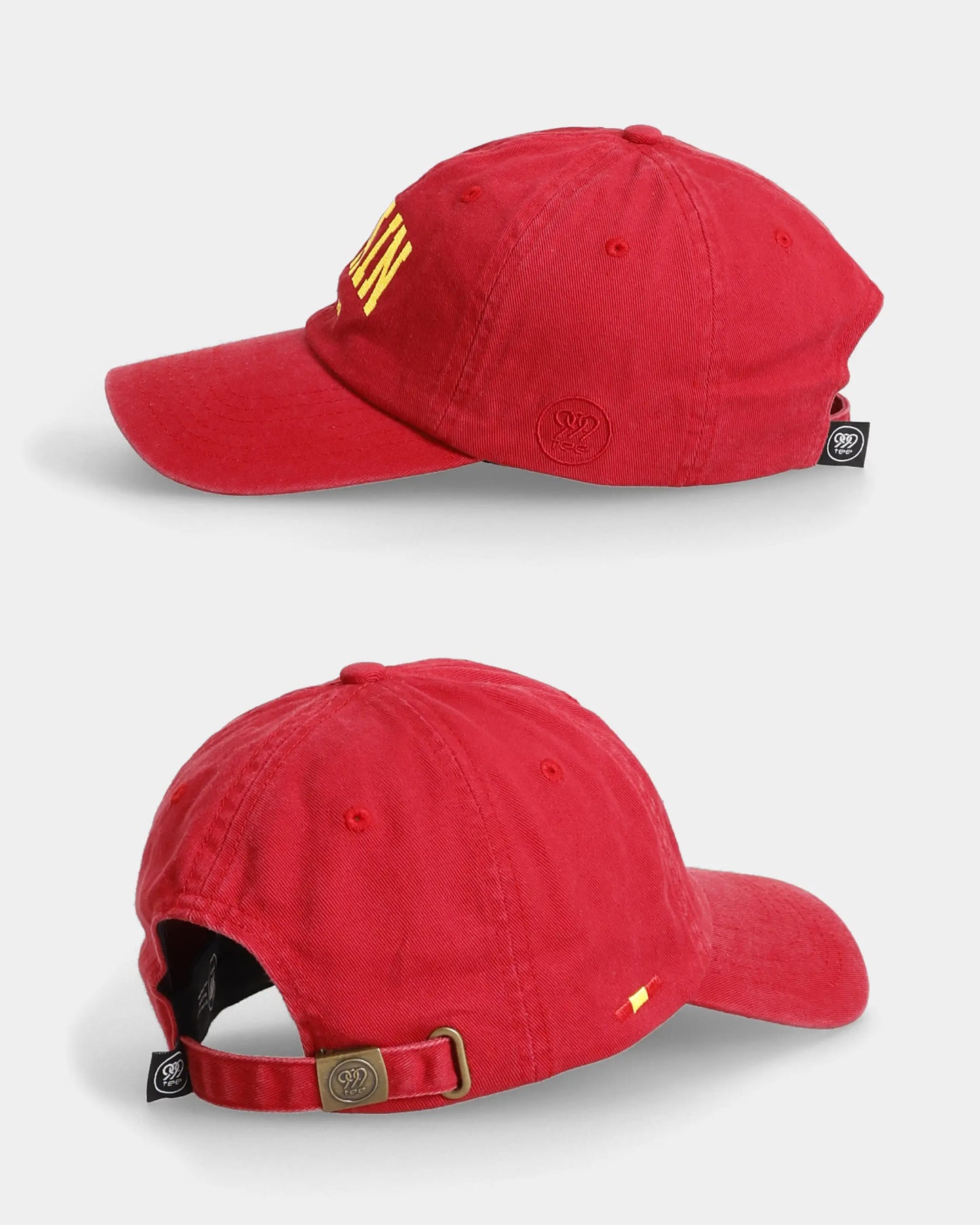 Red Spain Dad Cap side and back views with strap detail
