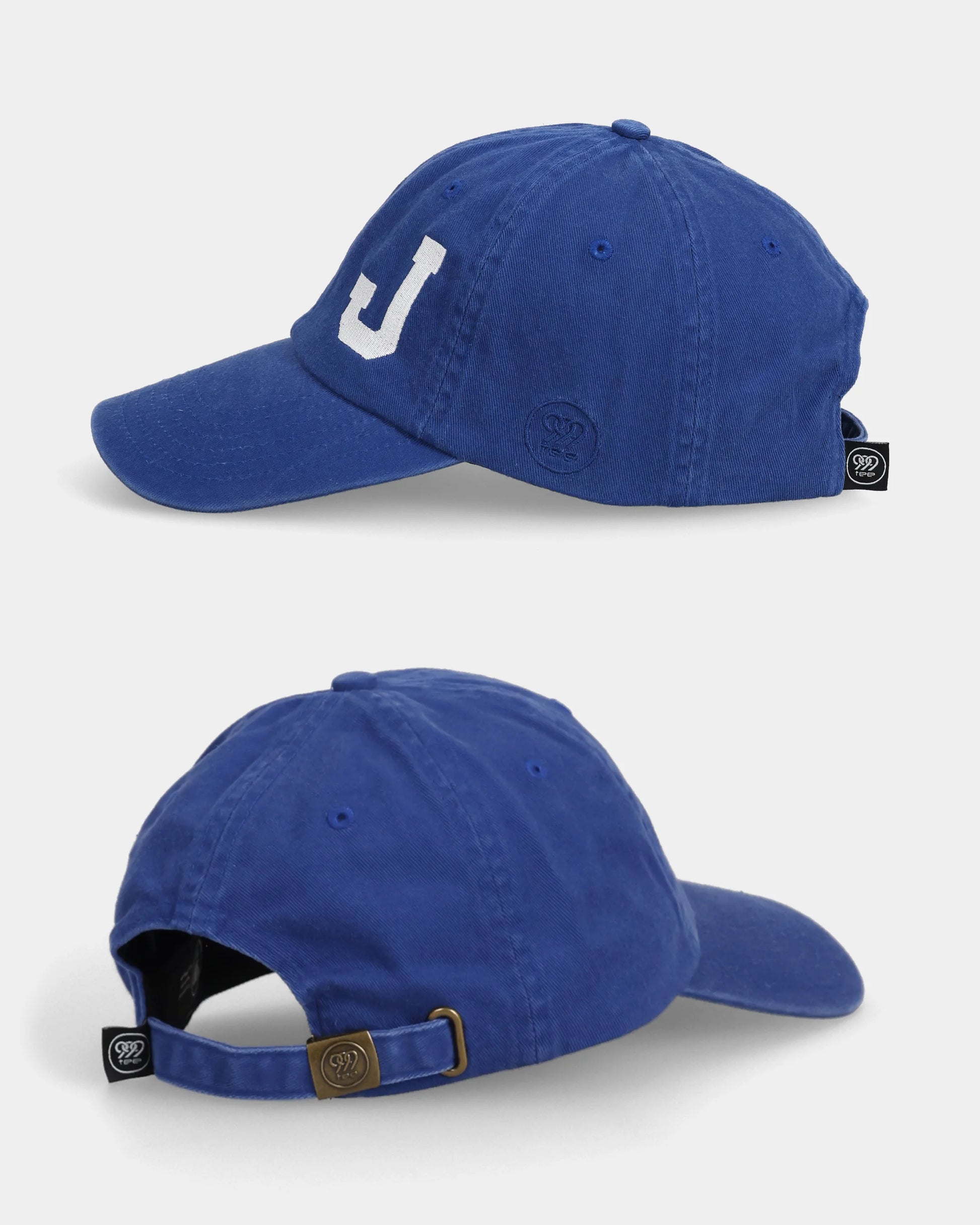 Blue NJ dad cap side and back views with adjustable strap