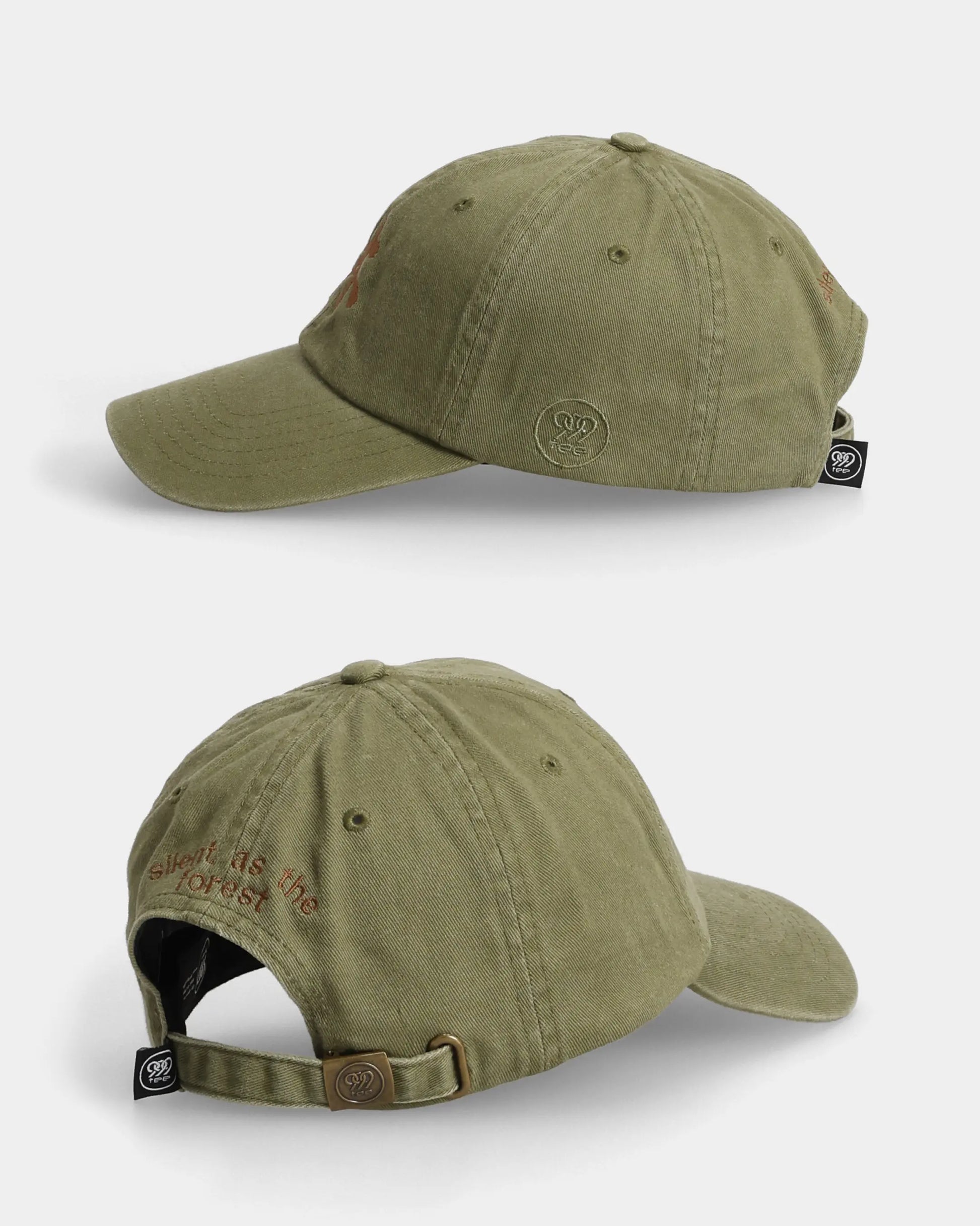 Olive Silent Forest Dad Cap side and back views with back text