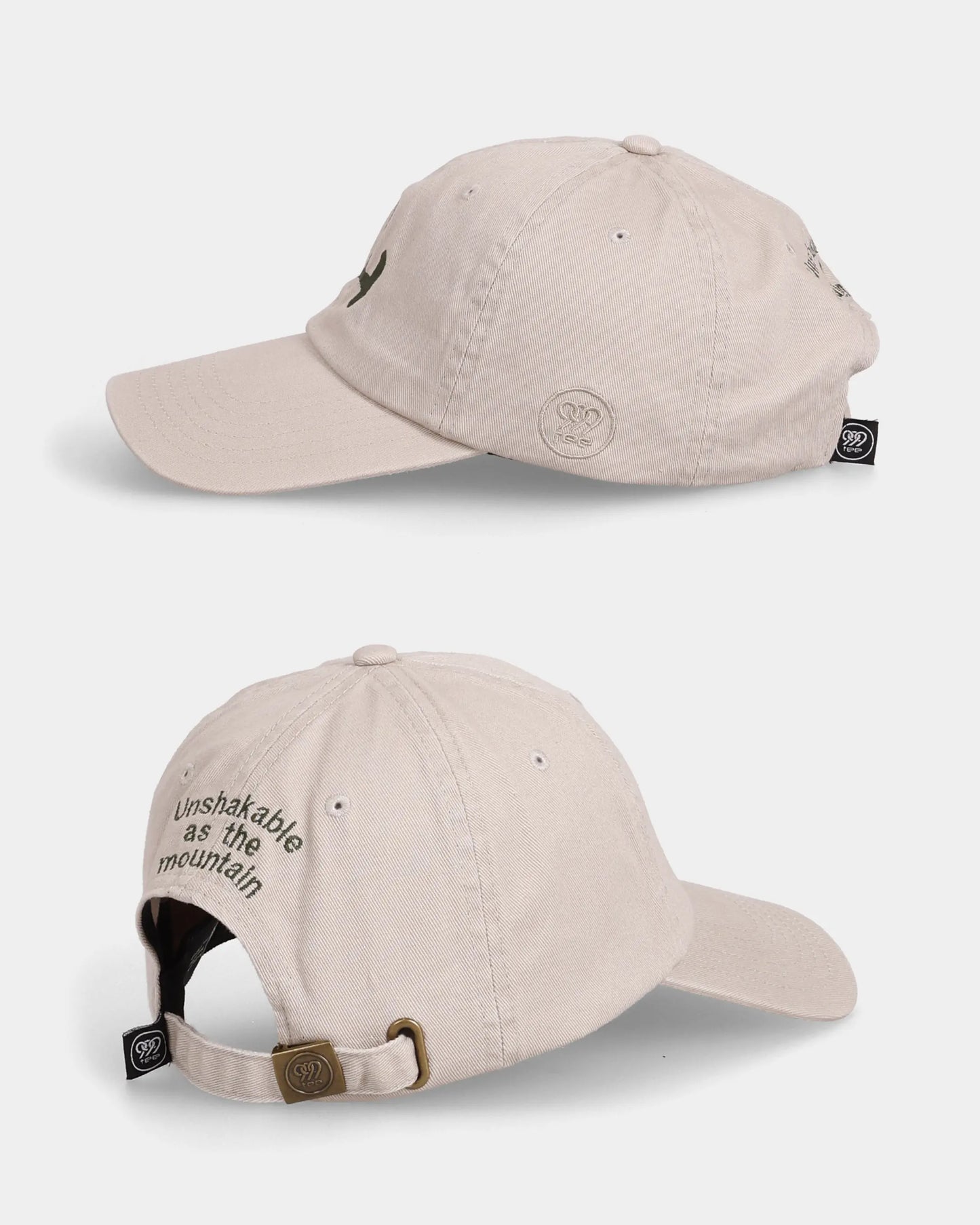 Khaki Unshakable Dad Cap side and back views with strap detail