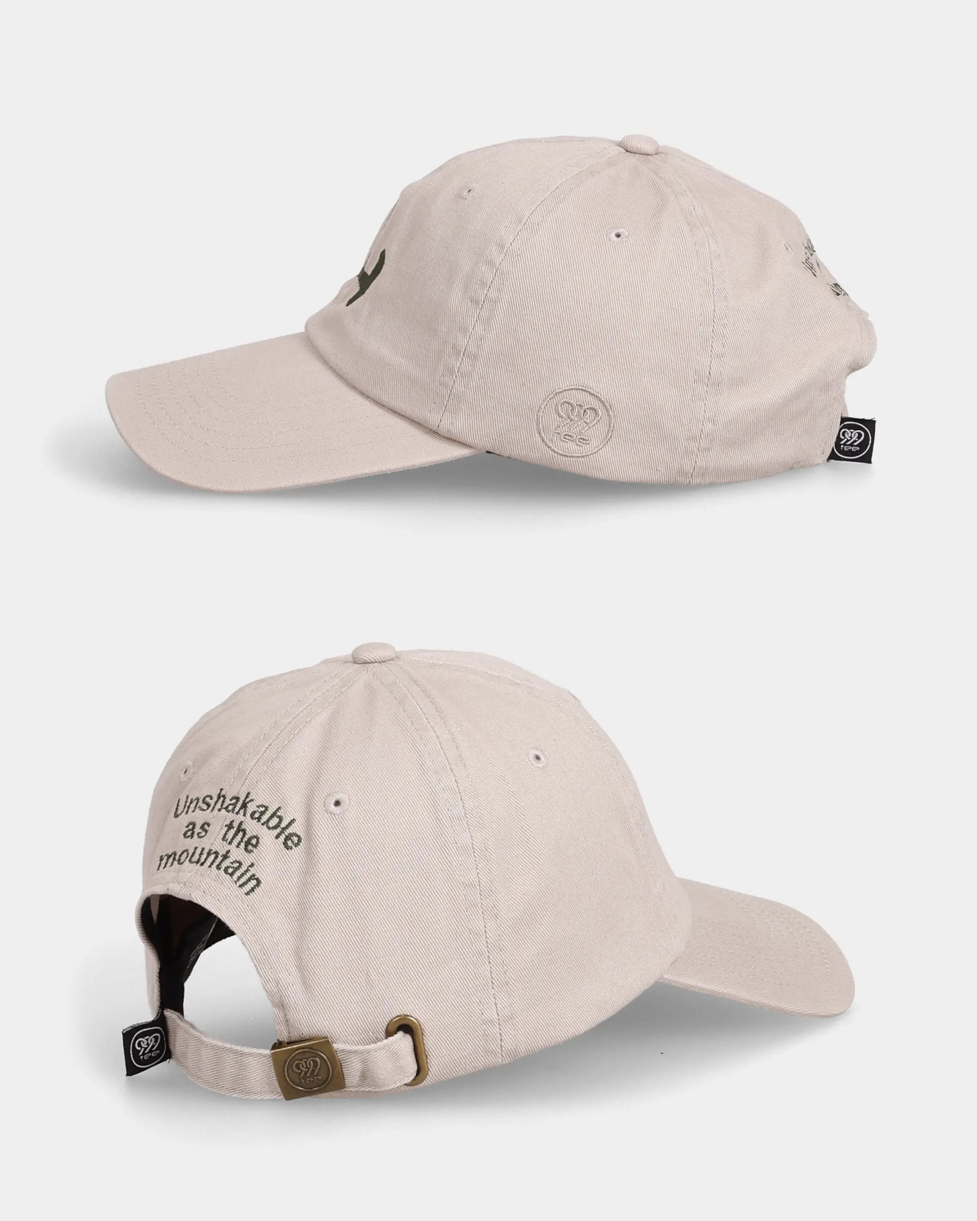 Khaki Unshakable Dad Cap side and back views with strap detail