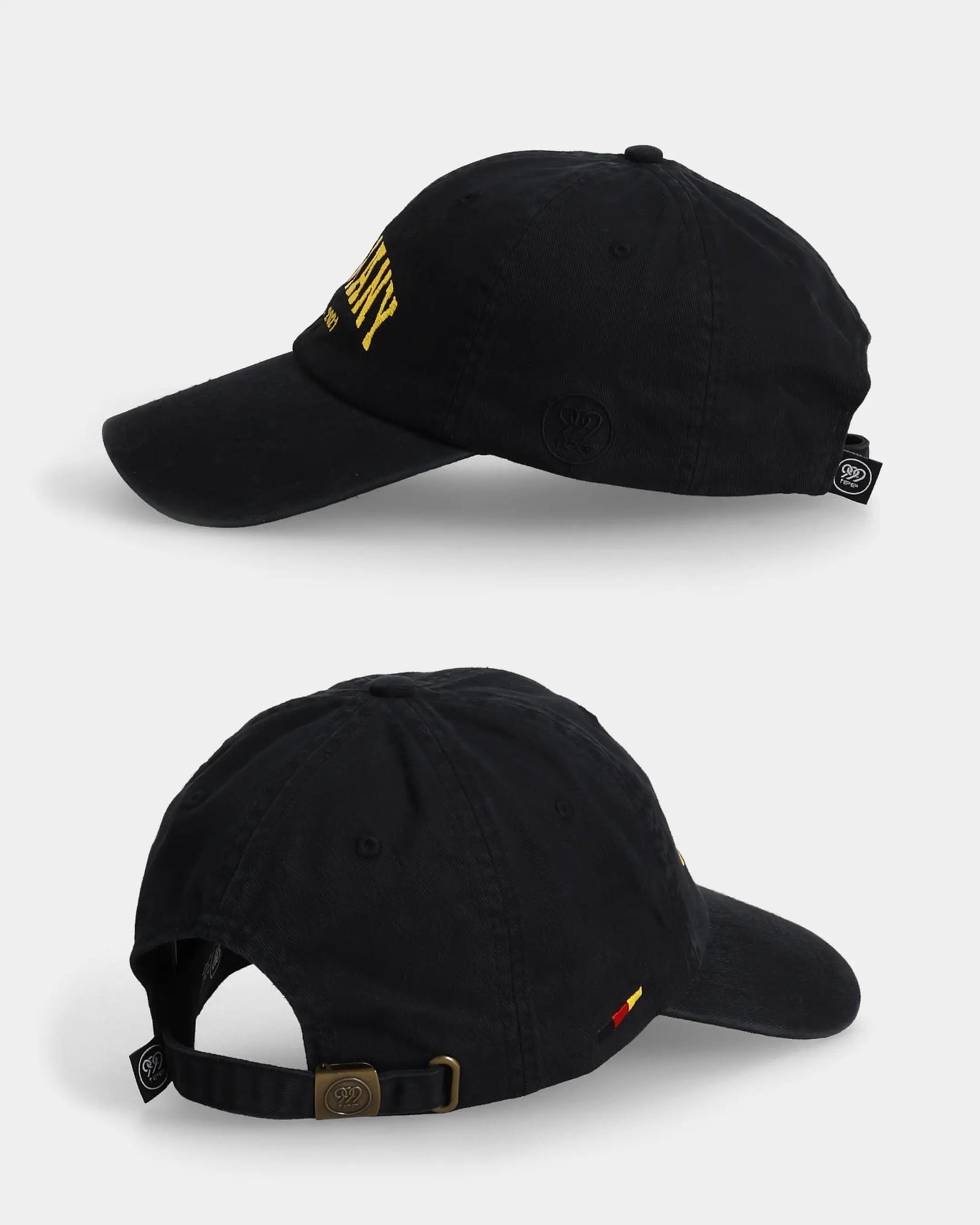 Black Germany Dad Cap side and back views with strap detail