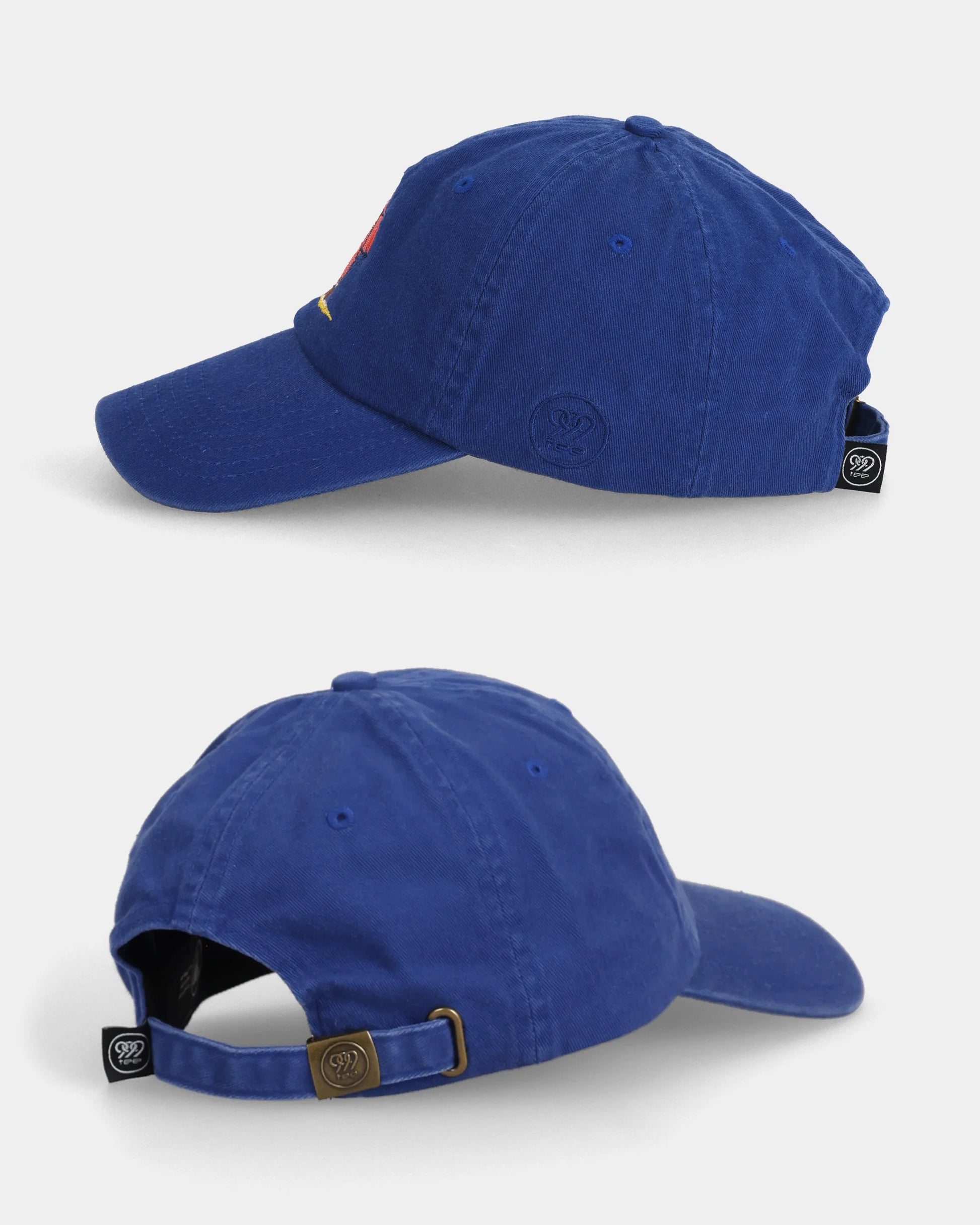 Sail Away Blue Dad Cap side and back views with strap detail