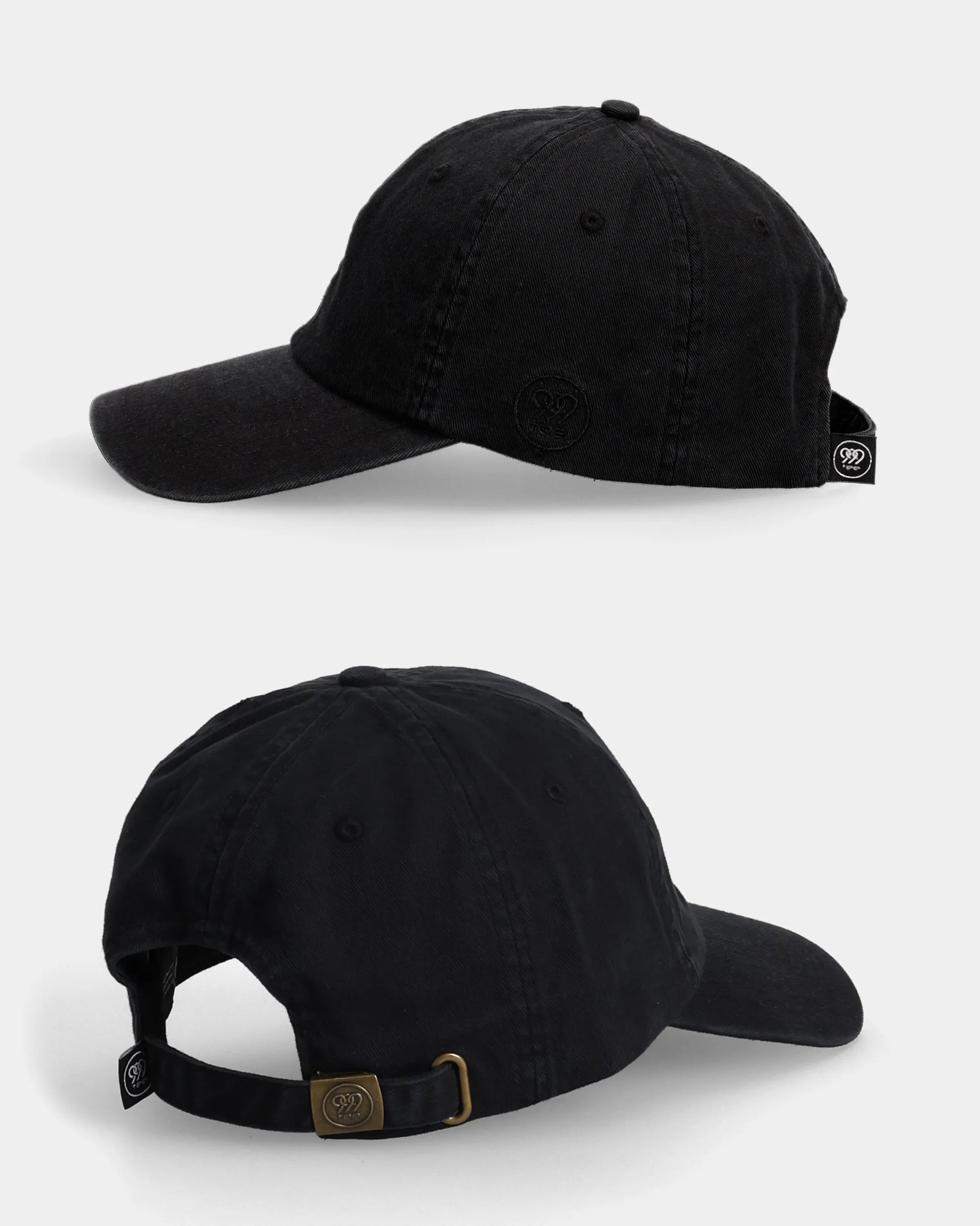 Black LAB#01 Dad Cap side and back views with strap detail