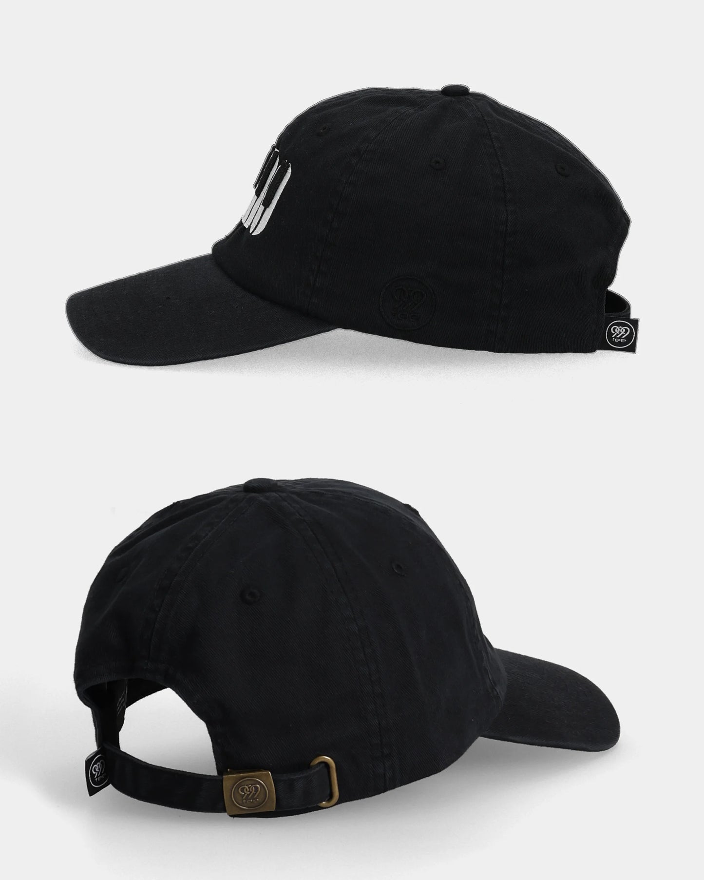 Piano black dad cap side and back views with adjustable strap detail