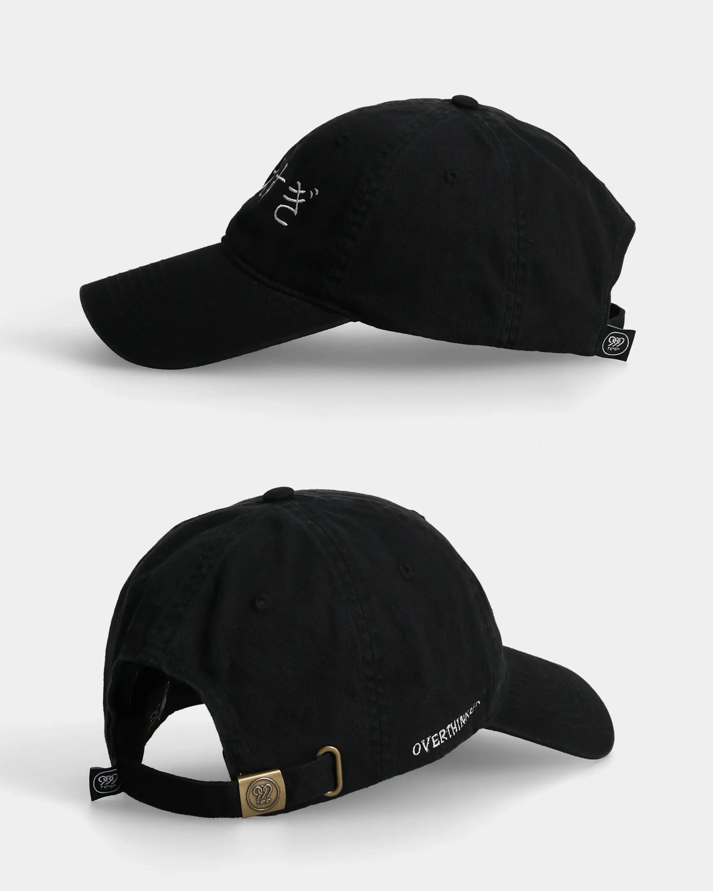Black Overthinker Dad Cap side and back views with back text