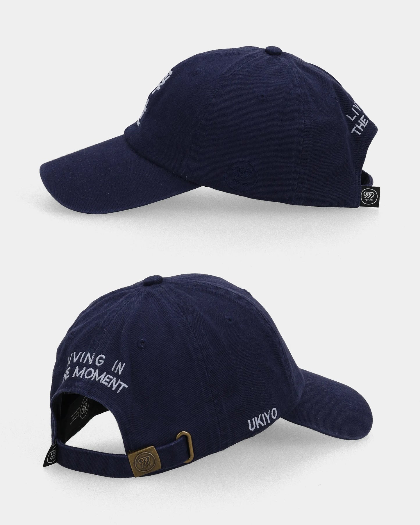 Navy dad cap side and back views with UKIYO embroidery