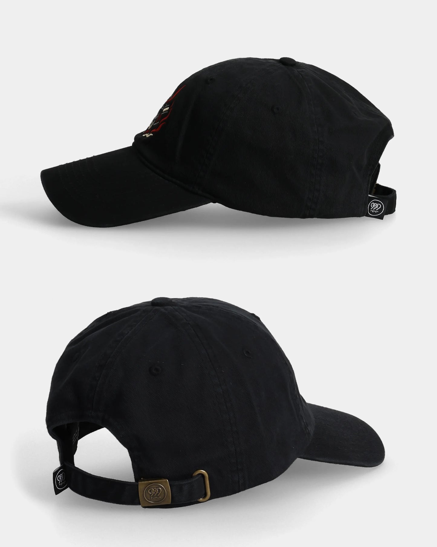 Black Flame Ronin Dad Cap side and back view with buckle detail