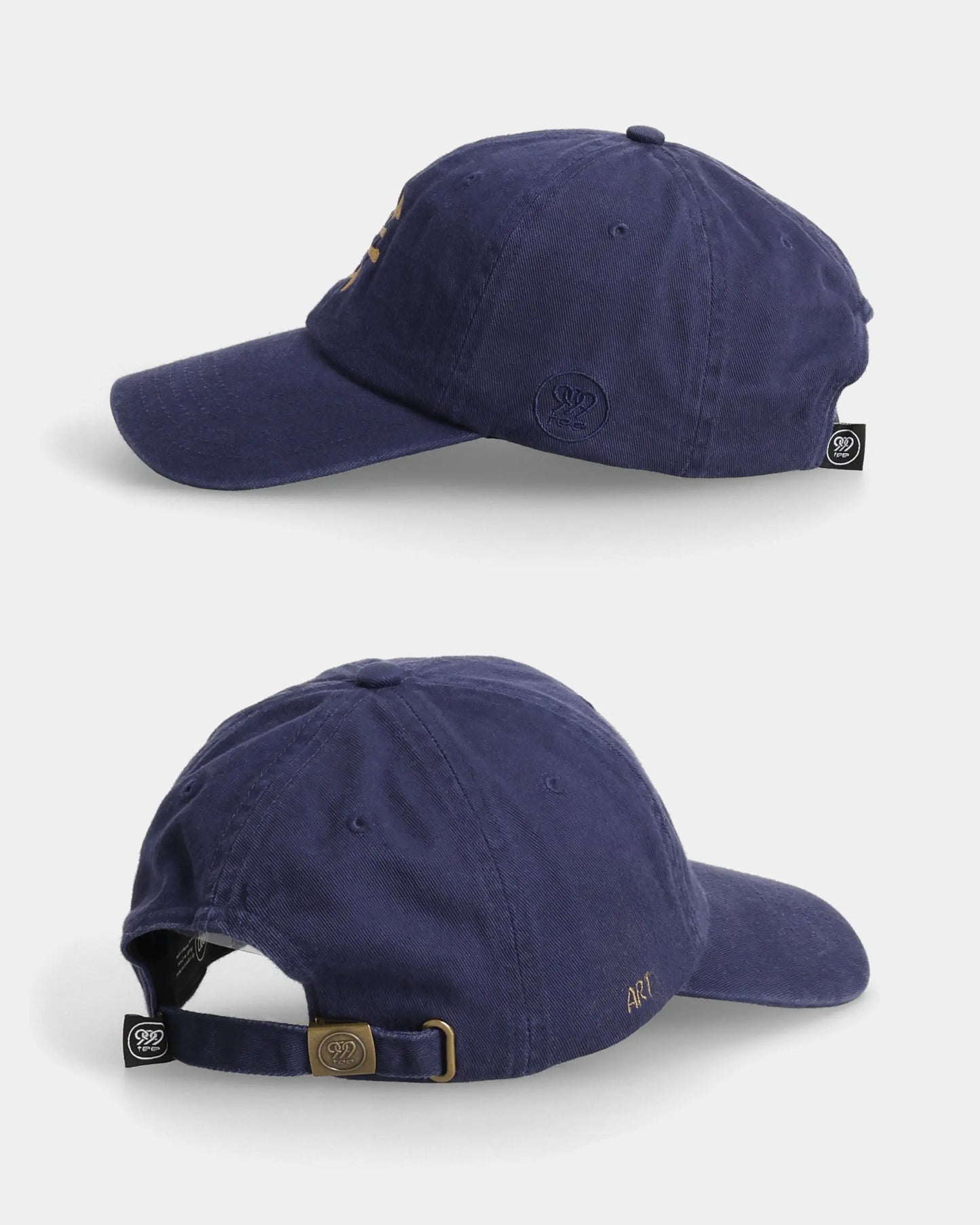 Navy Art Dad Cap side and back views with strap detail