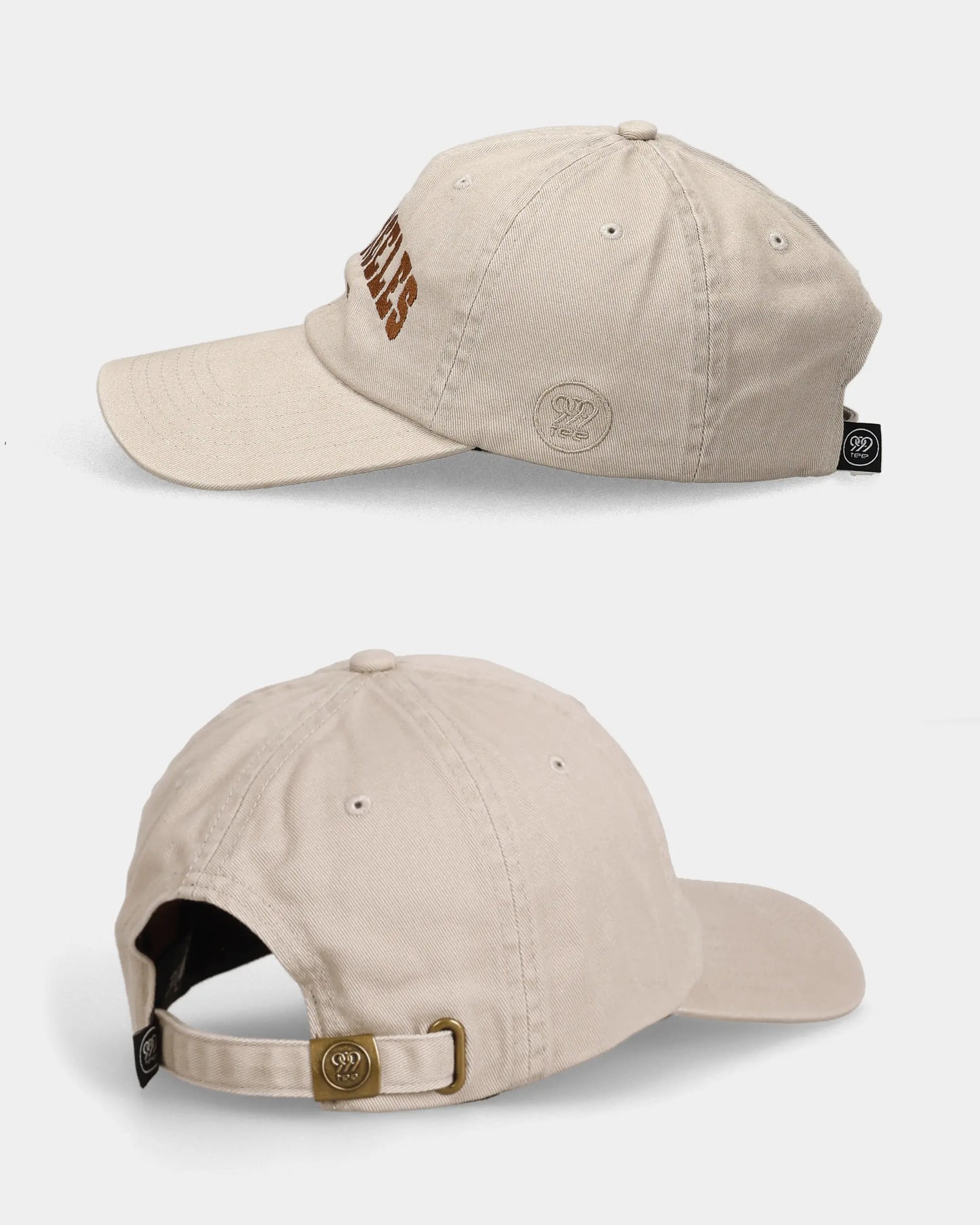 Los Angeles khaki Dad Cap side and back views with strap detail