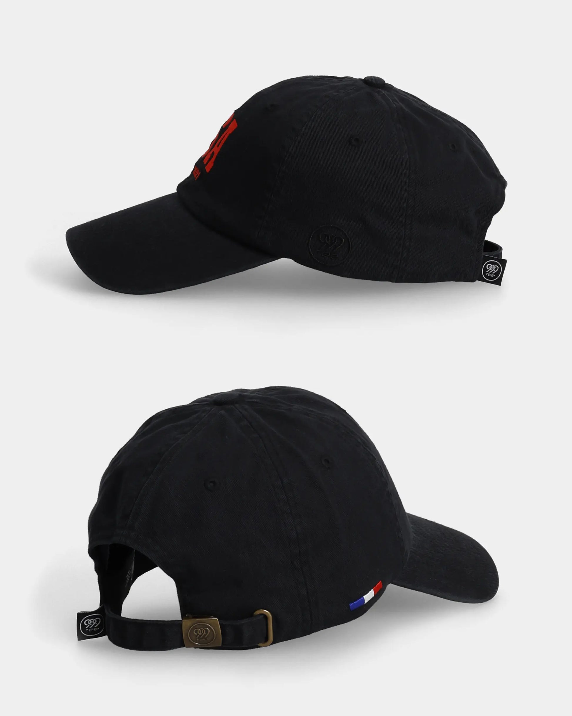 Black USA Dad Cap side and back views with strap detail