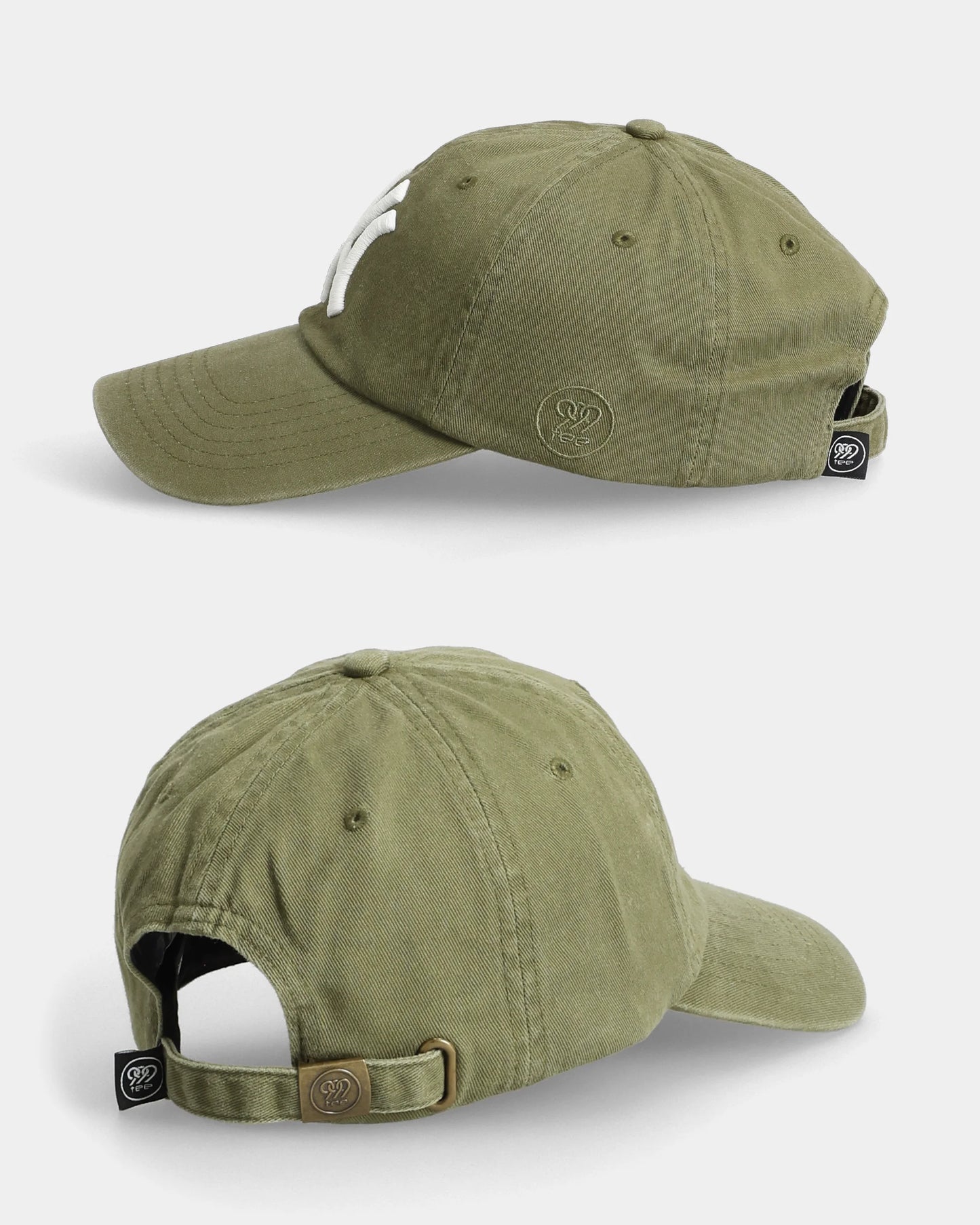 Olive NY dad cap side and back views with adjustable strap detail