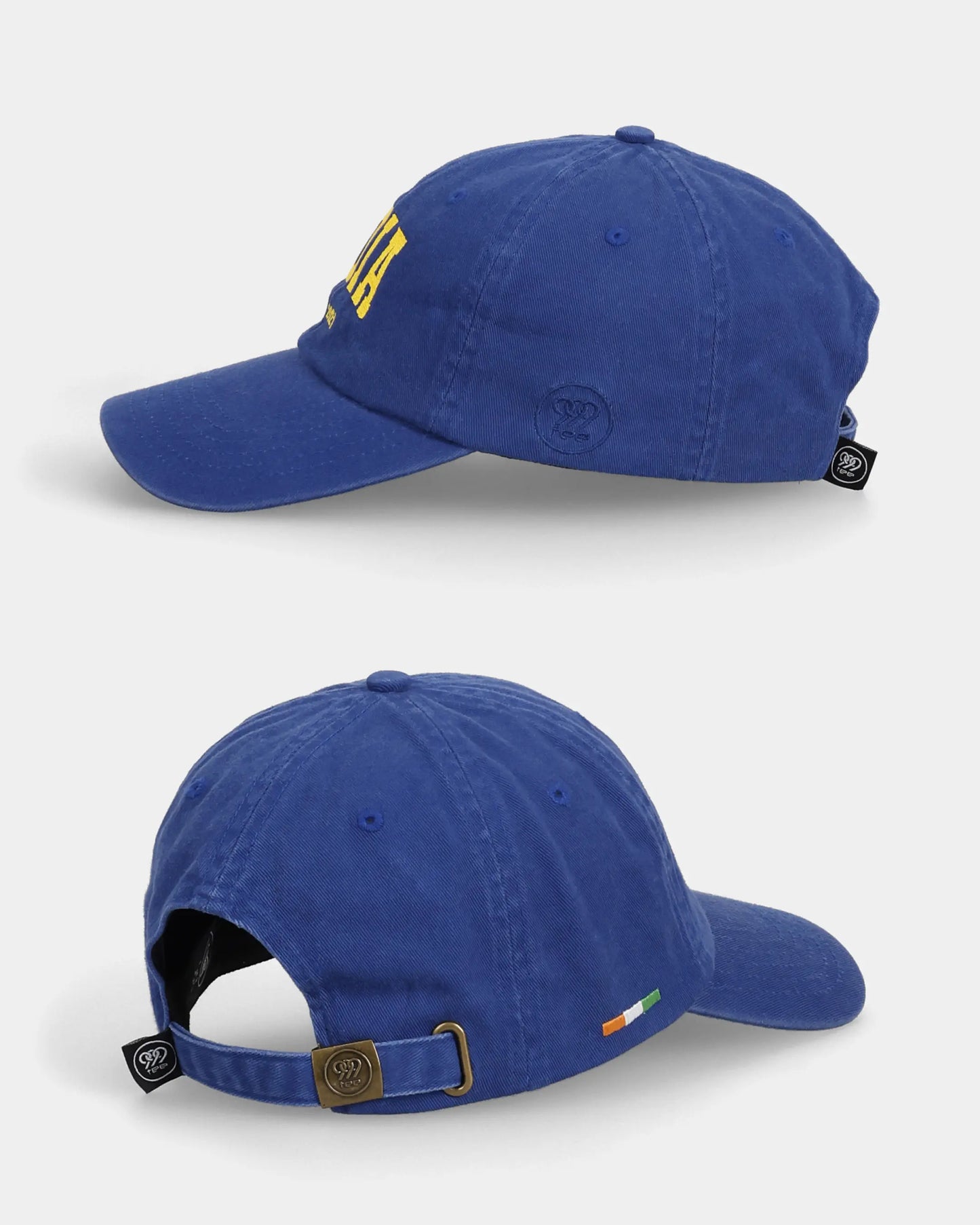 Blue India Dad Cap side and back views with strap detail