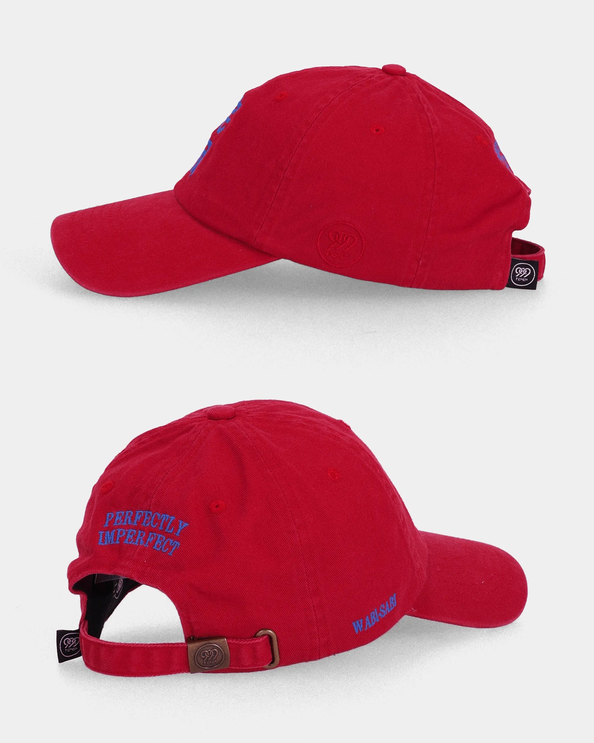 Wabi-Sabi dad cap side and back views with strap detail
