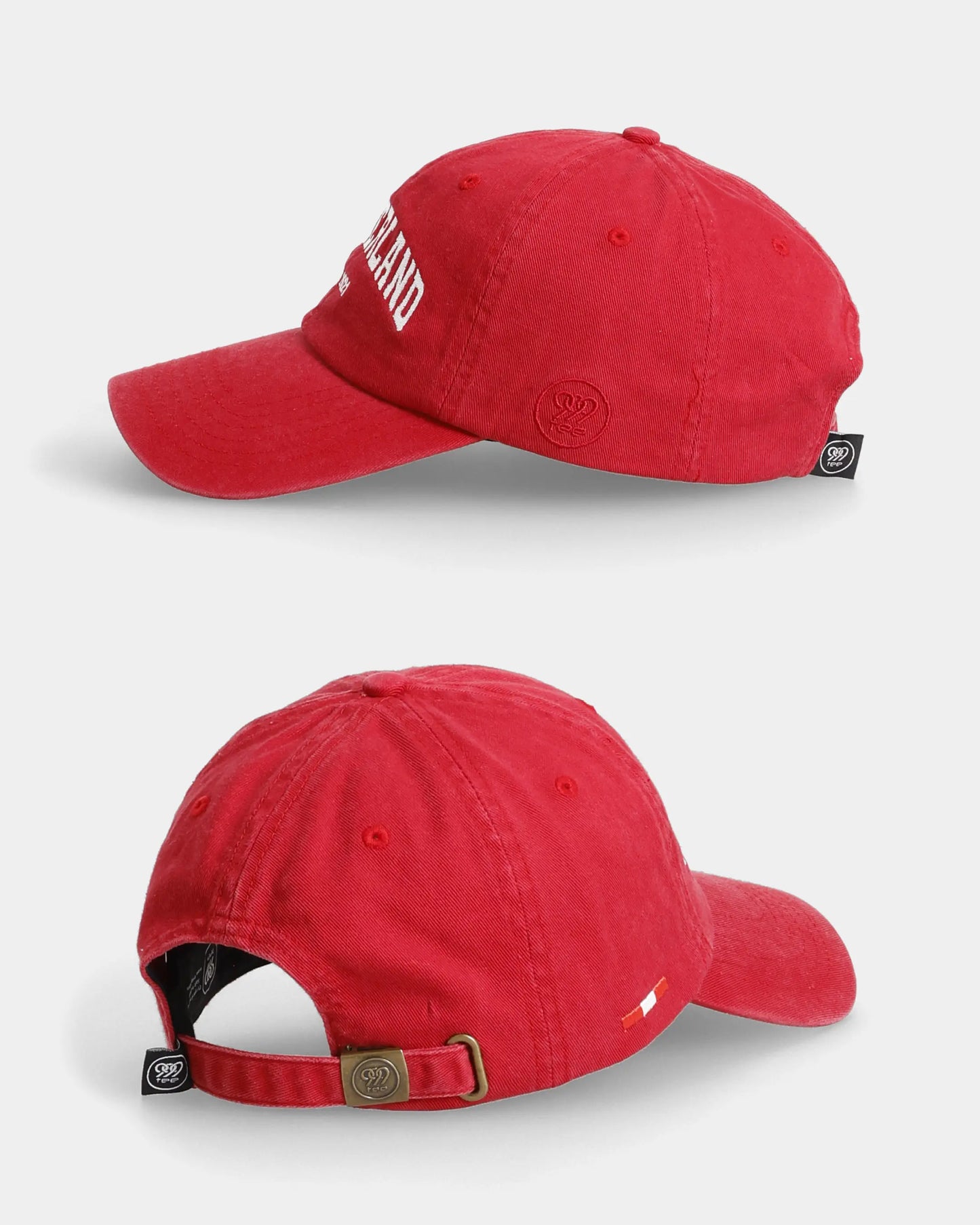 Red Switzerland Dad Cap side and back views with strap detail