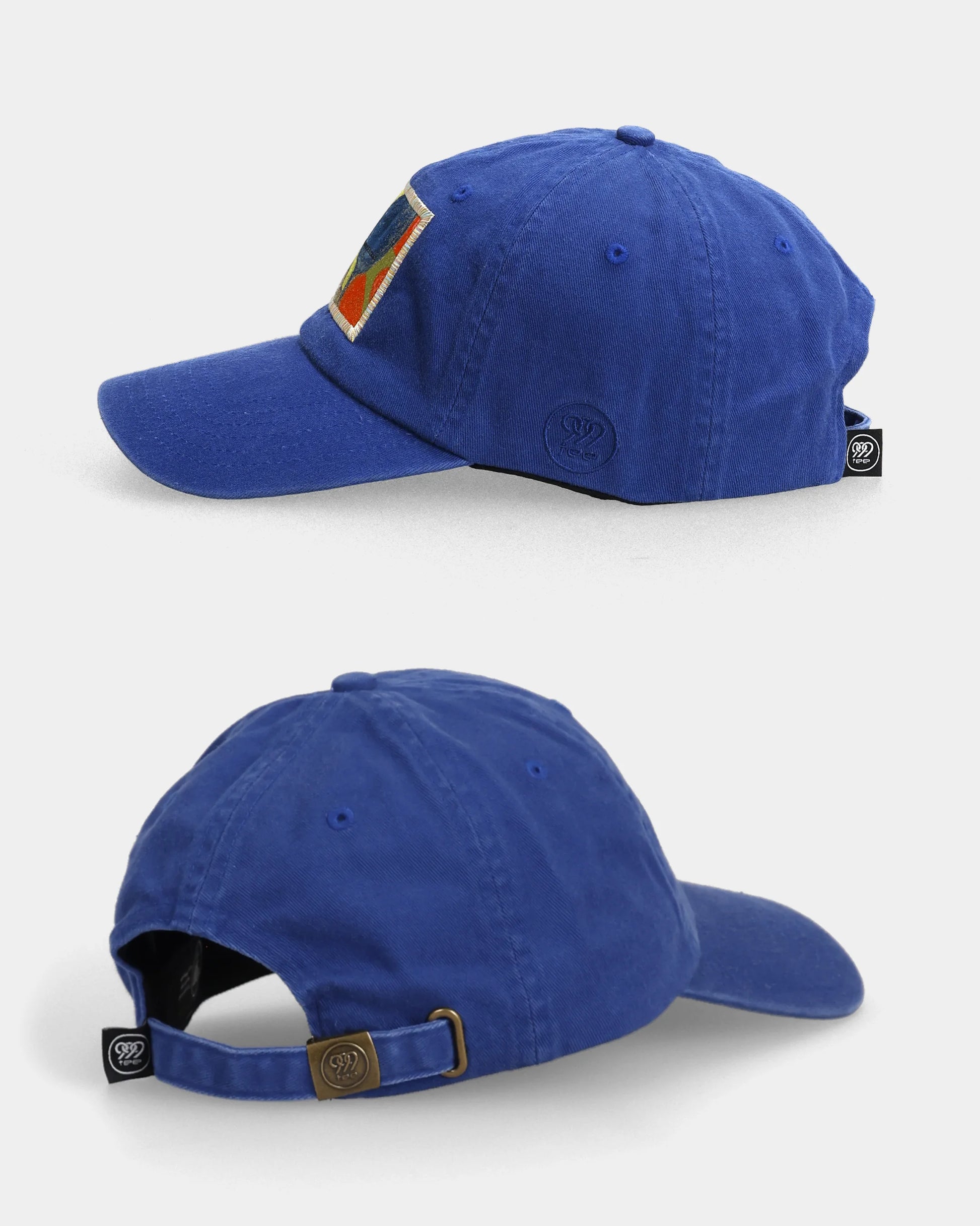 Blue Boundless Ideas dad cap side and back views with strap detail