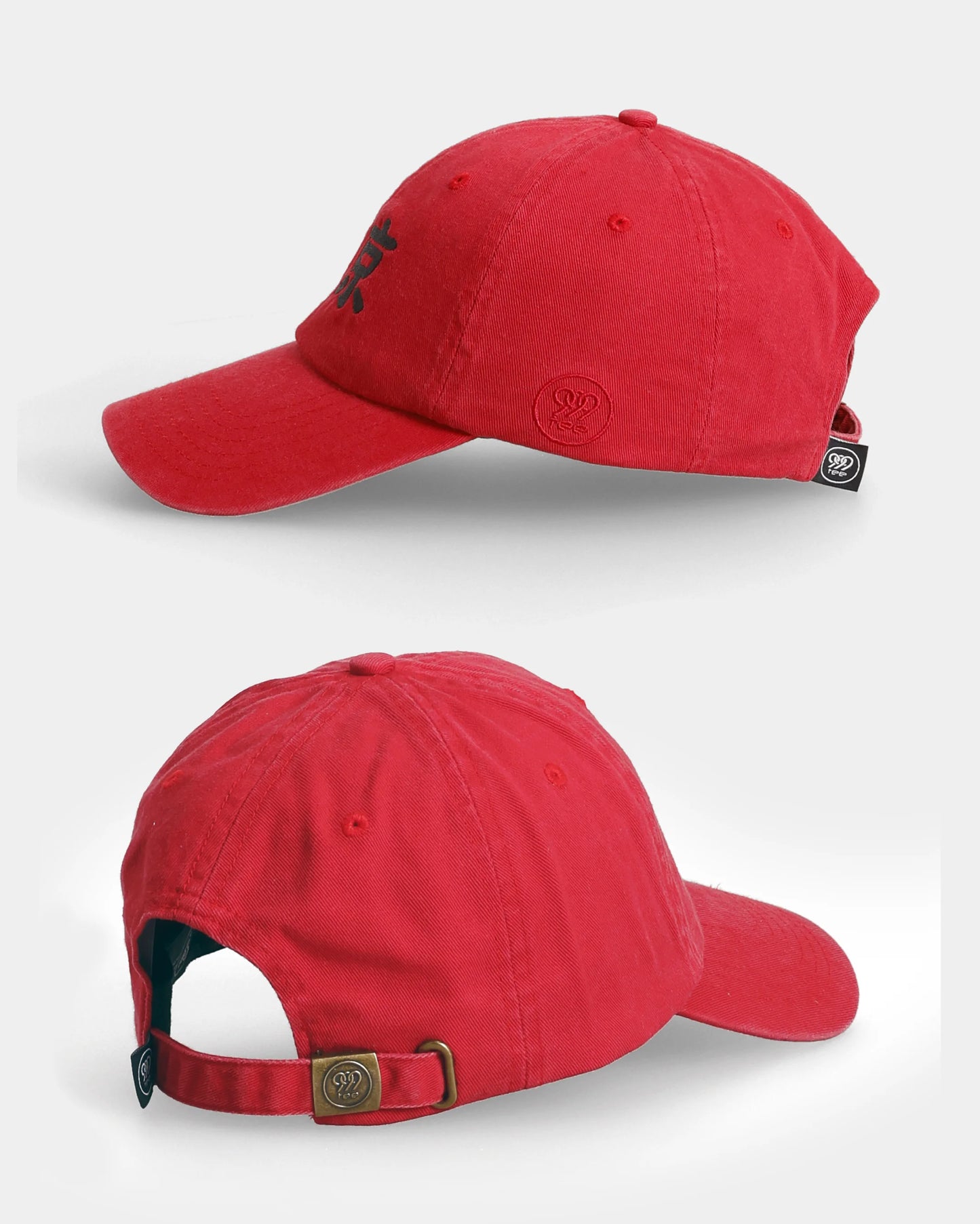 Red Tokyo Kanji Dad Cap side and back views with strap detail