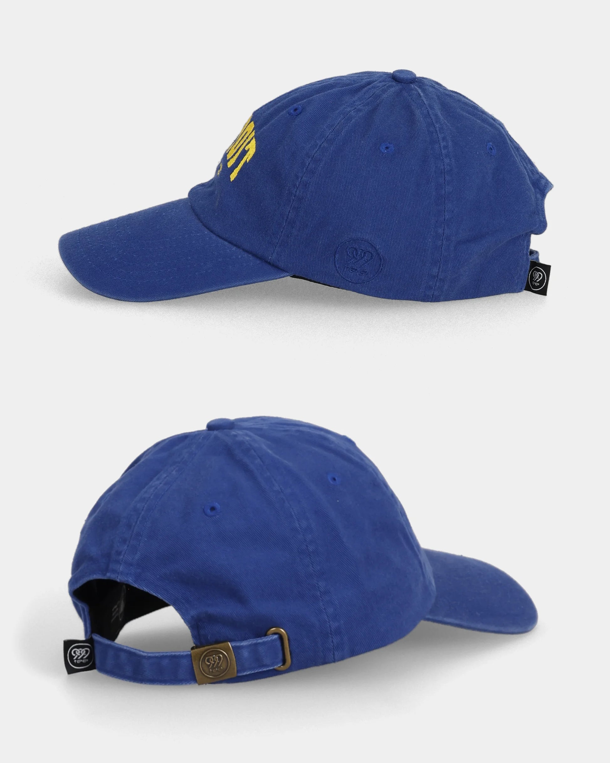 Blue Detroit Dad Cap side and back view with buckle detail