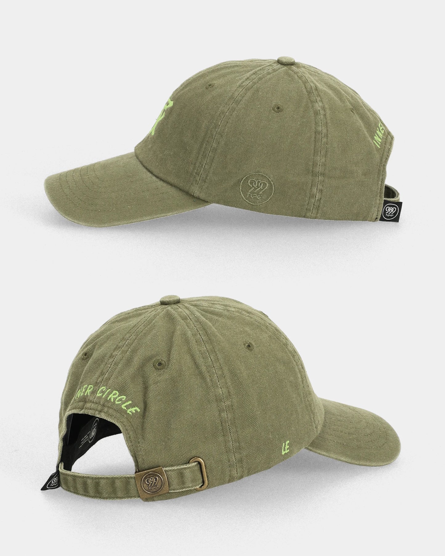 Olive IE dad cap side and back views with strap detail