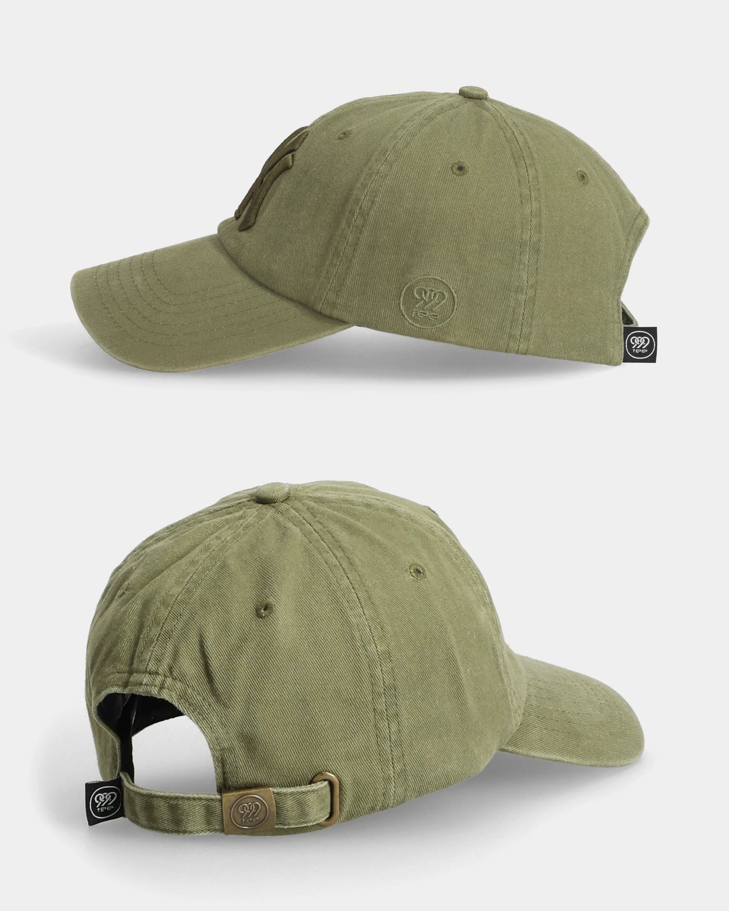 Olive NY#03 Dad Cap side and back views with strap detail