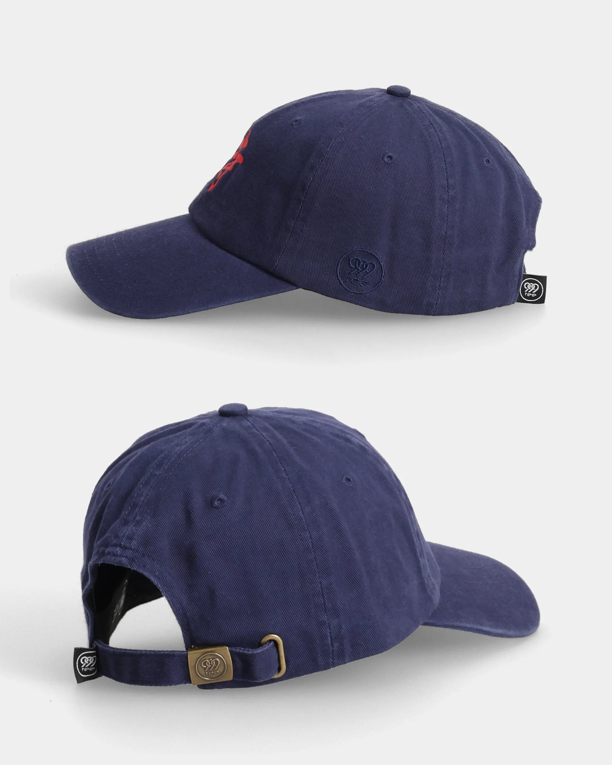 Navy Samurai Kanji Dad Cap side and back views with strap detail