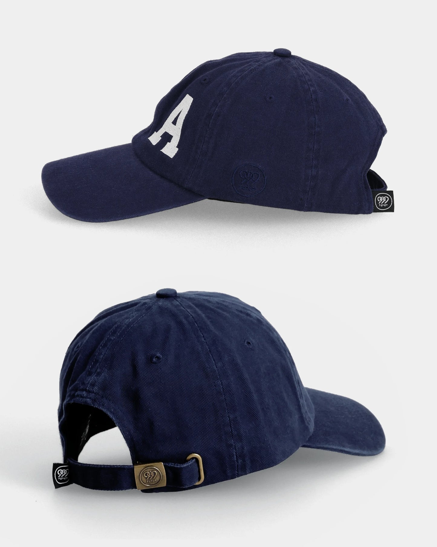 Navy LA#03 Dad Cap side and back views with strap detail