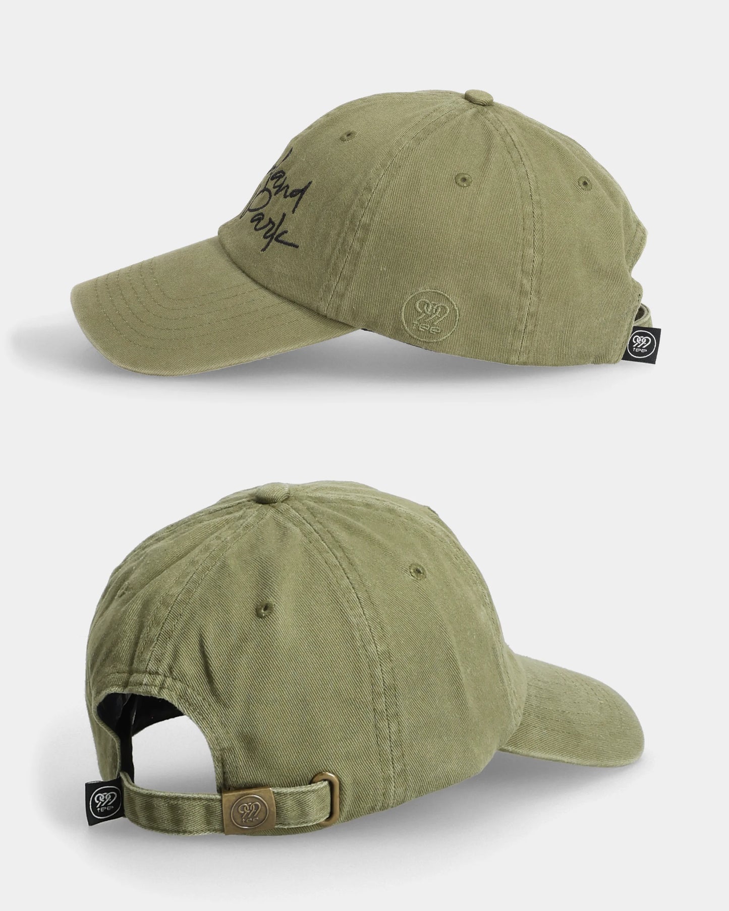 Olive Highland Park #01 Dad Cap side and back views with strap detail
