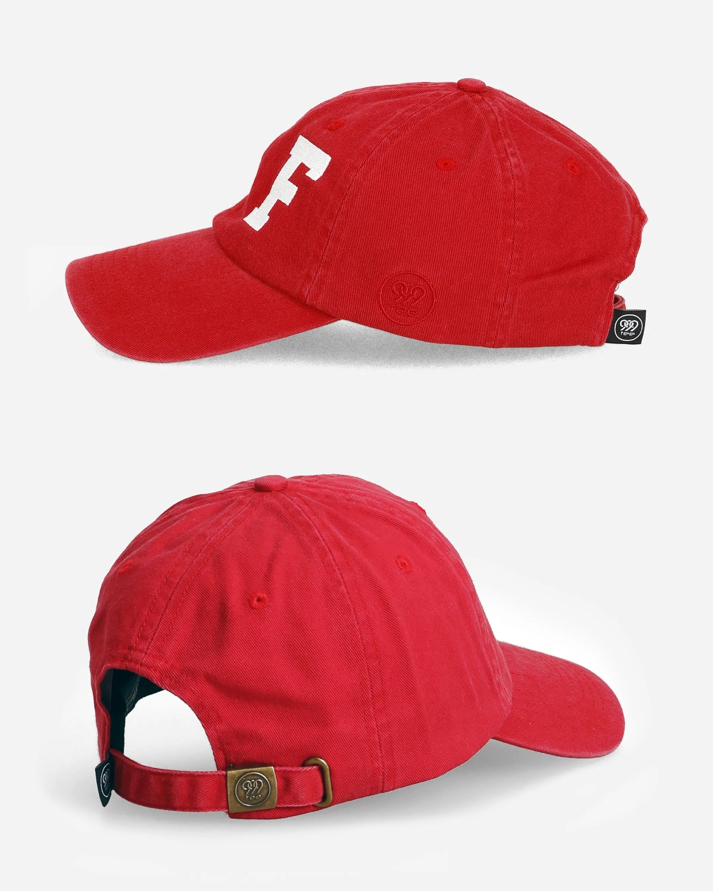Red San Francisco Dad Cap side and back views with strap detail