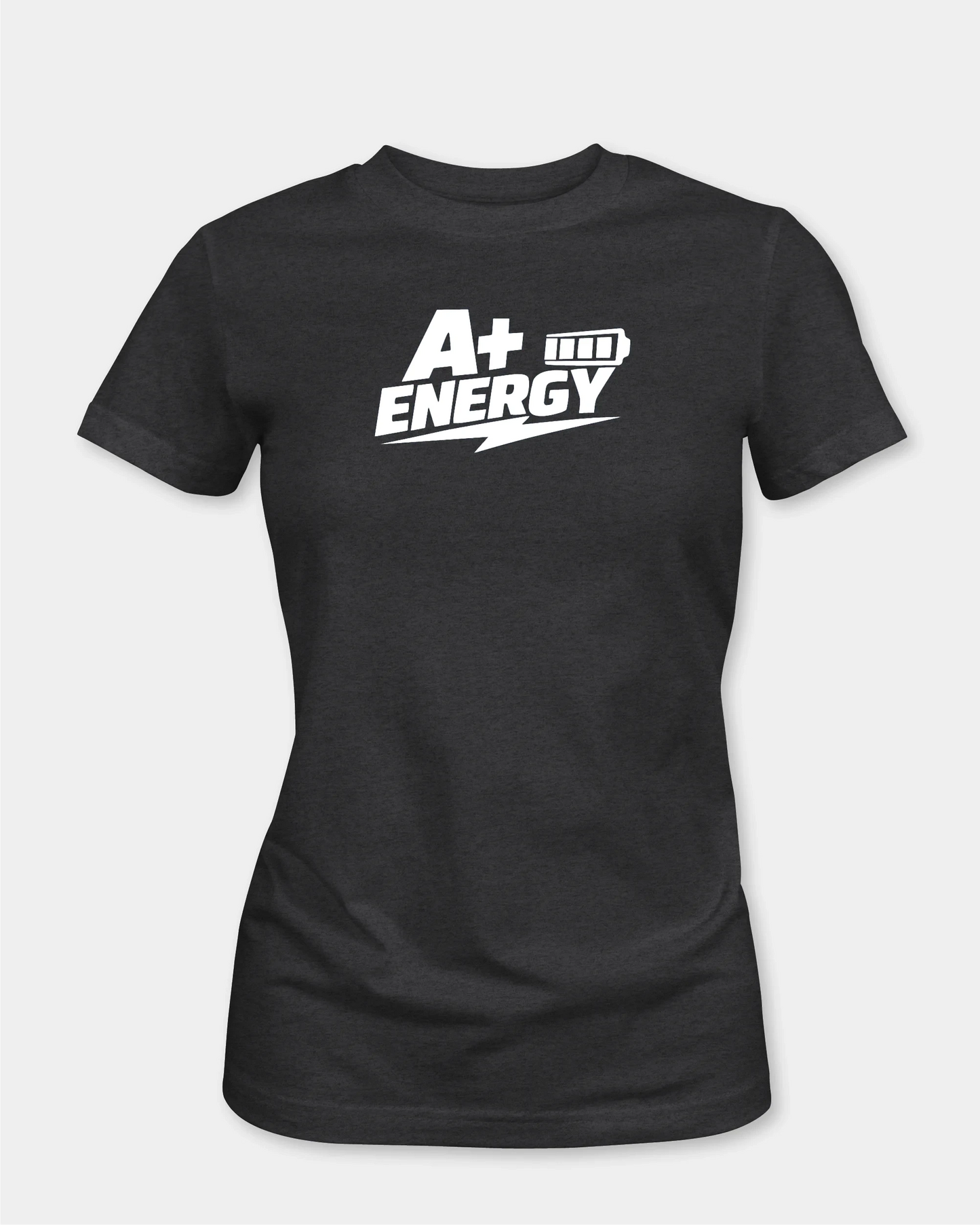 Female charcoal melange T-shirt with A+ ENERGY text, front product view

