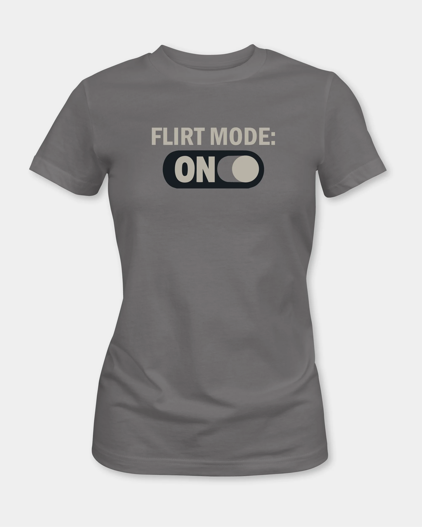 Female asphalt t-shirt with “Flirt Mode: ON” text, front view
