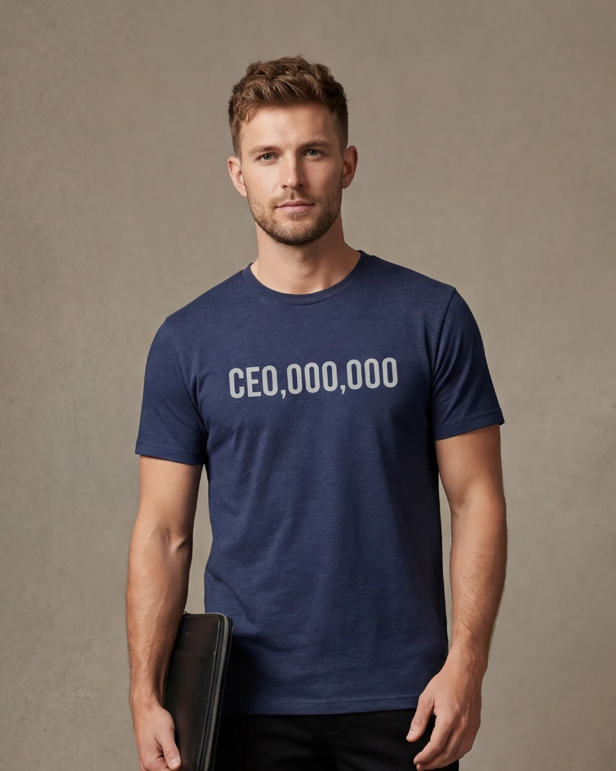 Male model wearing denim melange t-shirt with “CEO,000,000” text, front view
