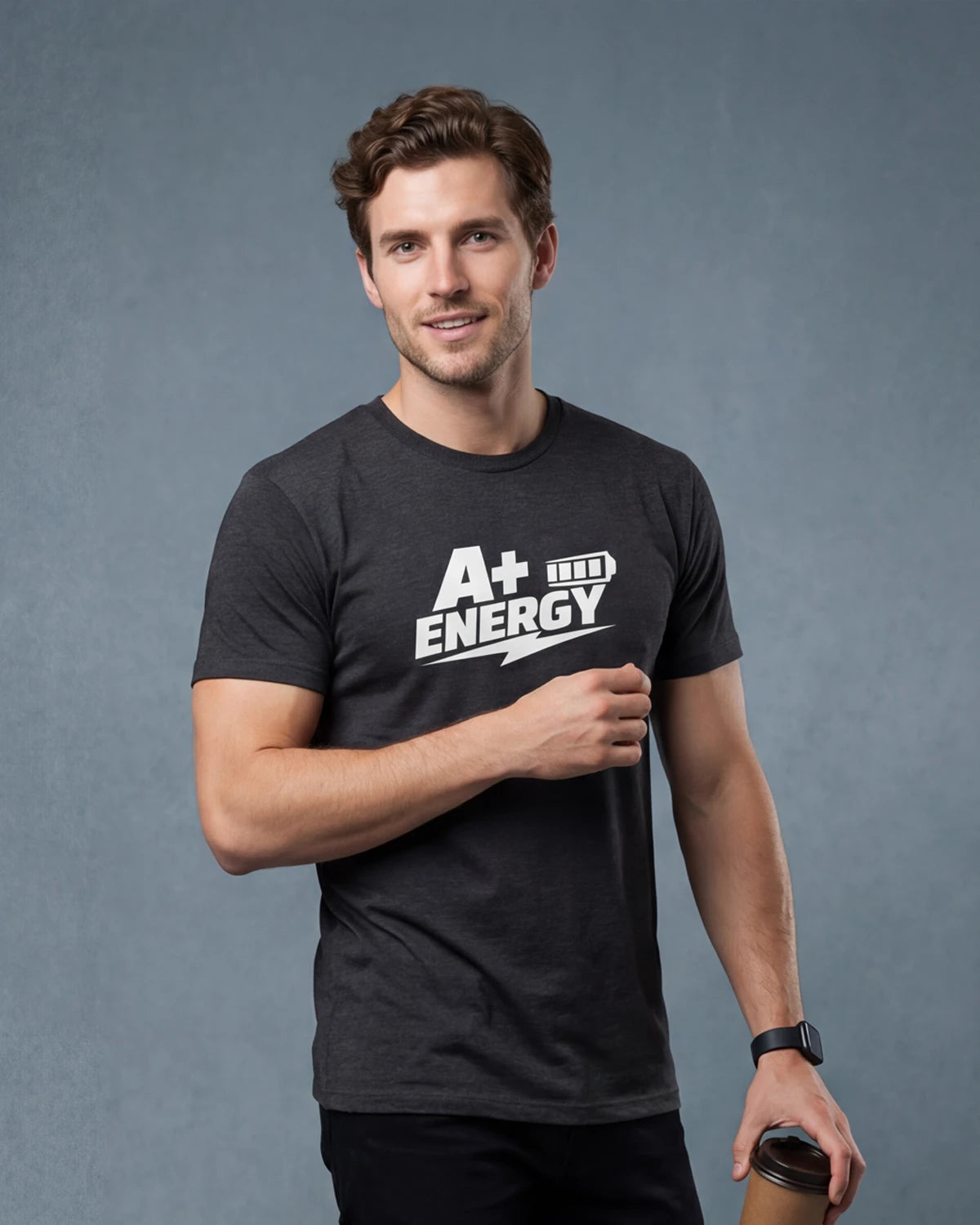 Male model wearing charcoal melange t-shirt with A+ ENERGY text, front view
