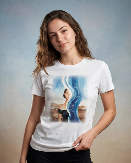 Model wearing white t-shirt with illustrated portrait graphic, front view model shot
