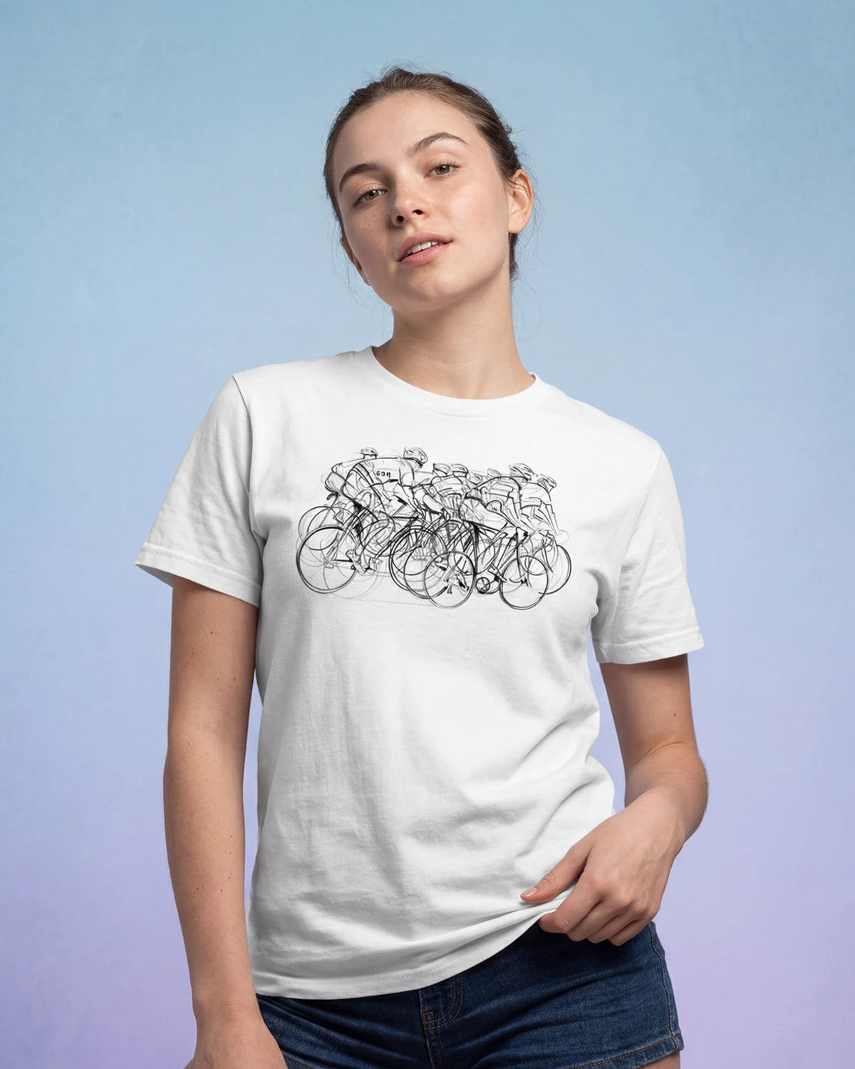 Model wearing white t-shirt with line-art bicycle graphic, front view
