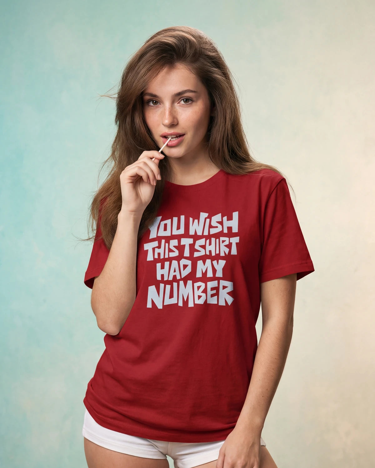 Model wearing red t-shirt with YOU WISH THIS T-SHIRT HAD MY NUMBER text, front view