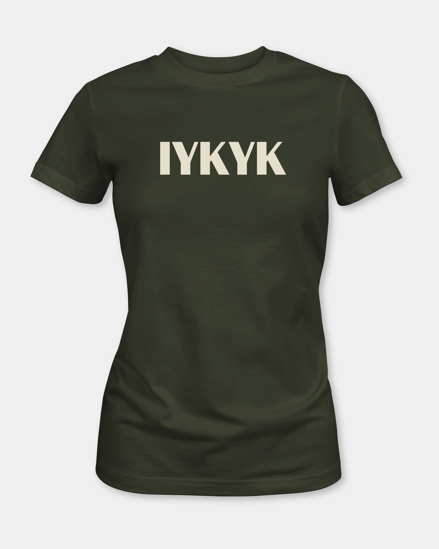 Female olive t-shirt with “IYKYK” text, front view
