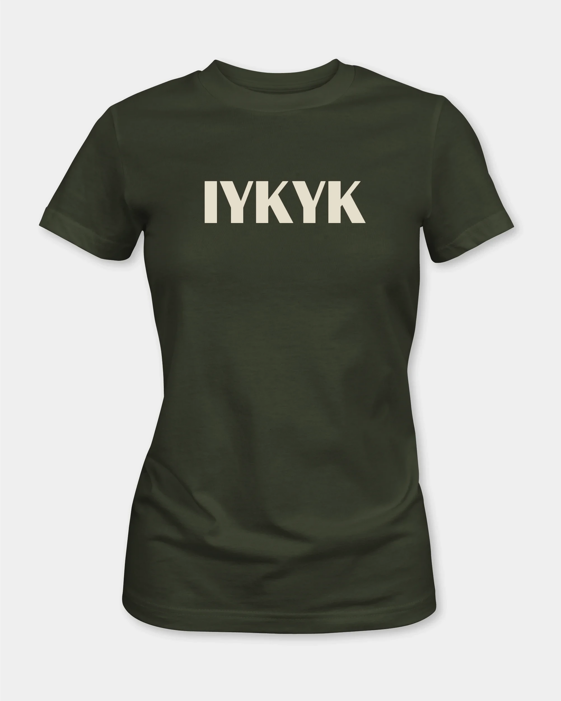 Female olive t-shirt with “IYKYK” text, front view
