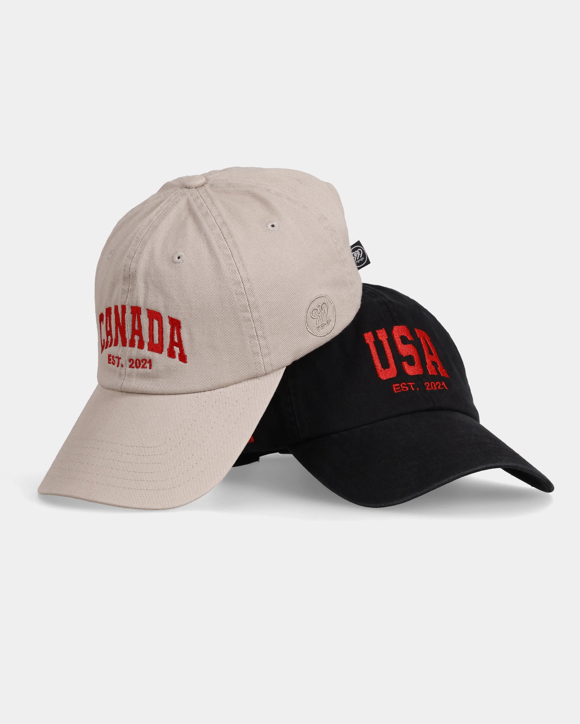 Canada and USA Dad Caps, stacked front product shot with embroidery