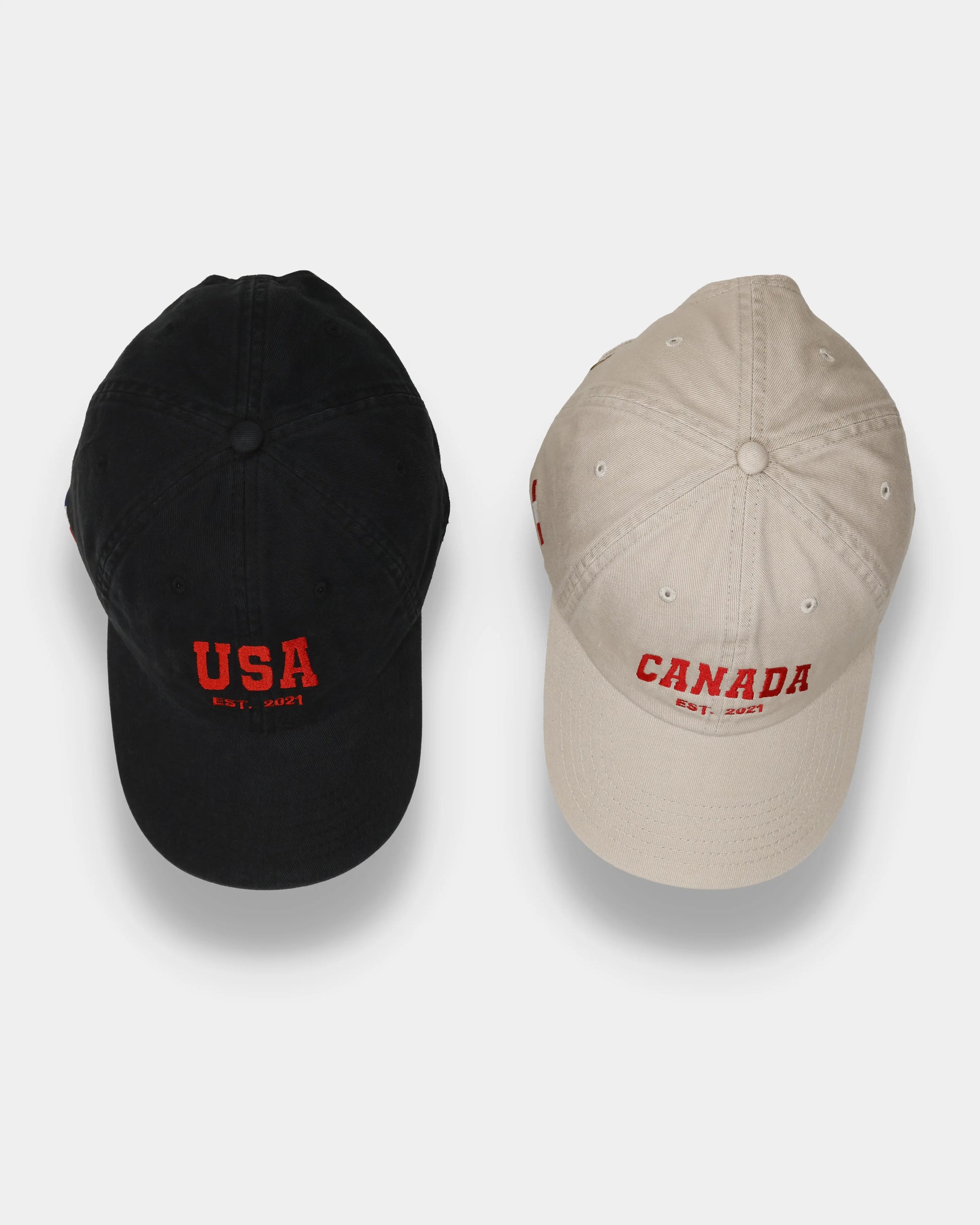 USA and Canada Dad Caps, top view comparison with front embroidery