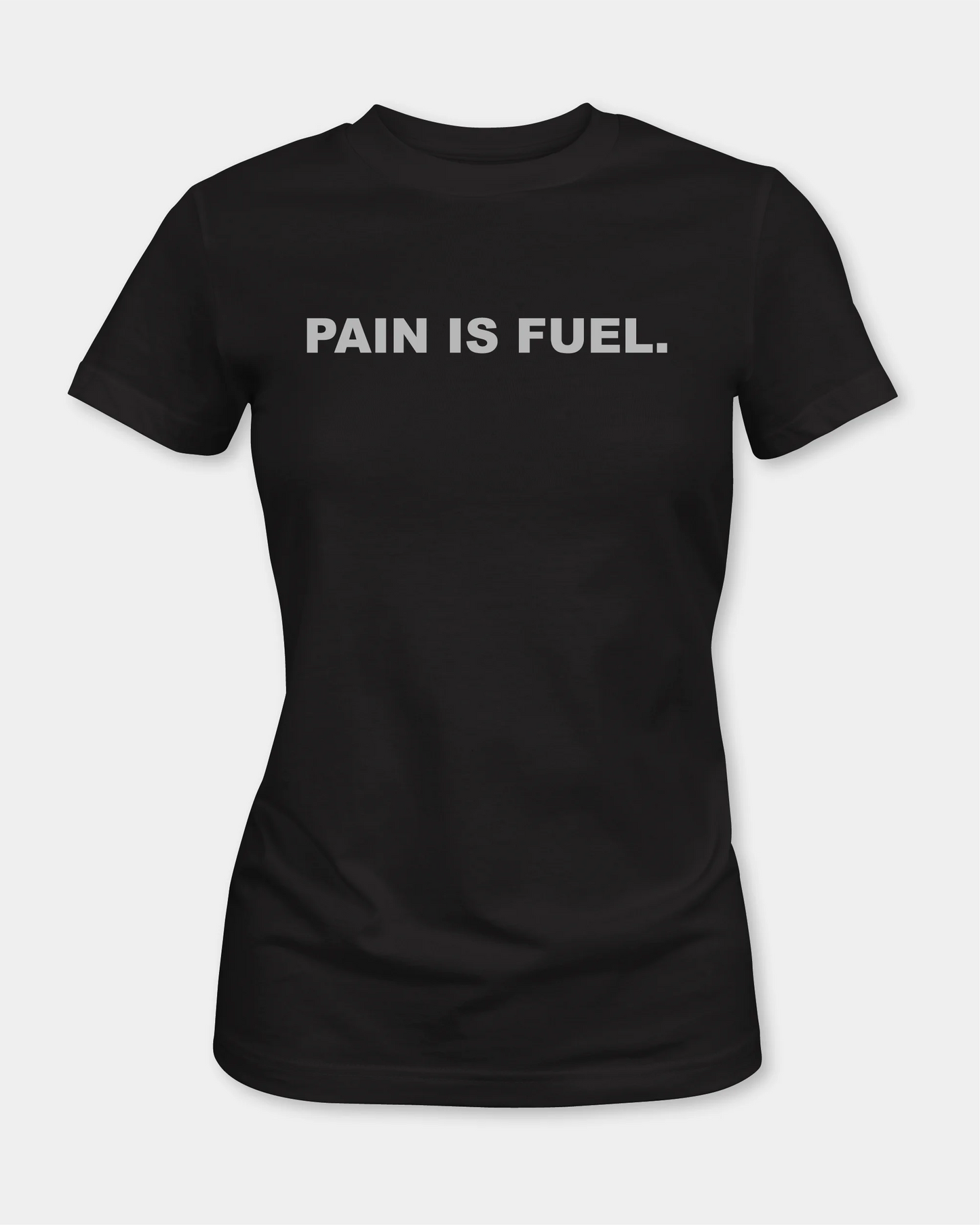 Female black t-shirt with PAIN IS FUEL. text, front view, product mockup